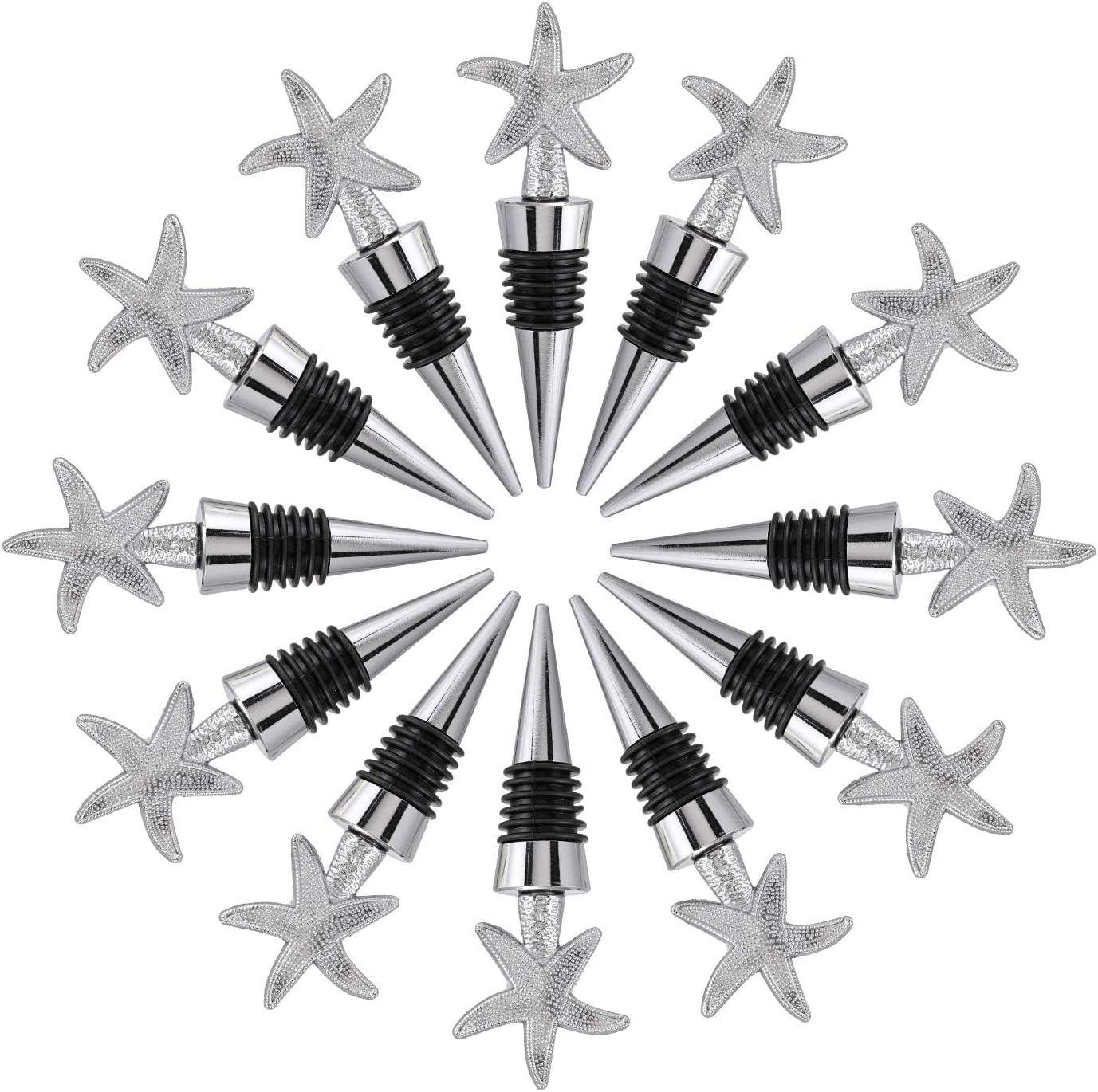 12PCS Valentine's Day Wedding Favors for Guests,Zinc Alloy Decoration Starfish Wine and Beverage Bottle Stoppers Caps Reusable Plug Keep Wine Fresh (12,Sliver Starfish)