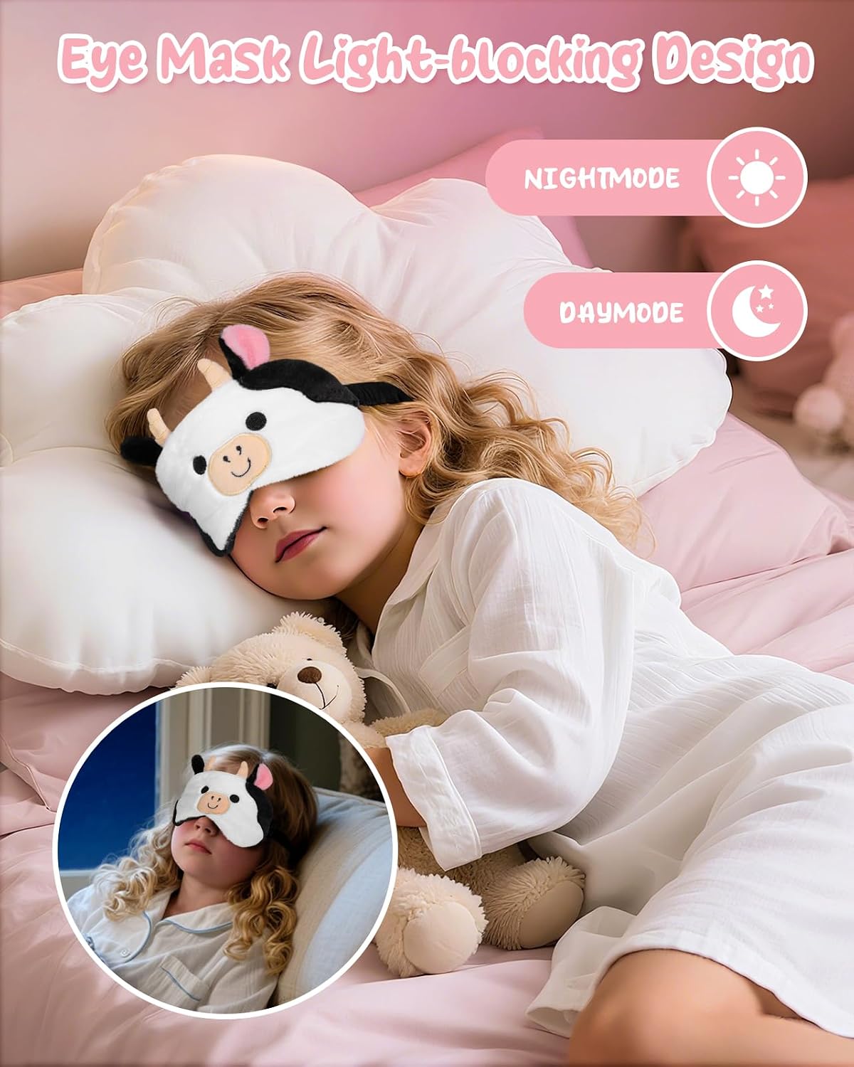 Miss Adola Sleep Mask for Kids - Valentines Gift for Kids Cute Plush Fuffy Sleeping Eye Cover Kawaii Soft Eyeshade Animal Eye Blindfold for Girls Boys Teens with Adjustable Strap, Cow image 5