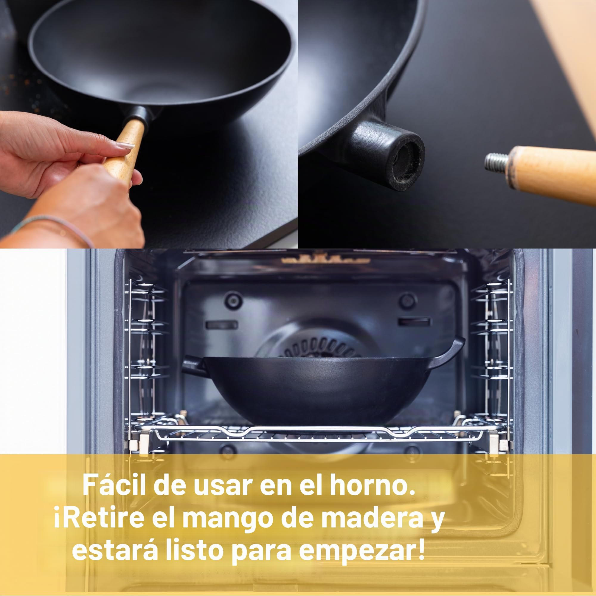 Wok de hierro fundido con revestimiento esmaltado, sartén antiadherente con mango de madera desmontable, utensilios de cocina, sartén de hierro fundido, wok antiadherente, 28 cm de diámetro