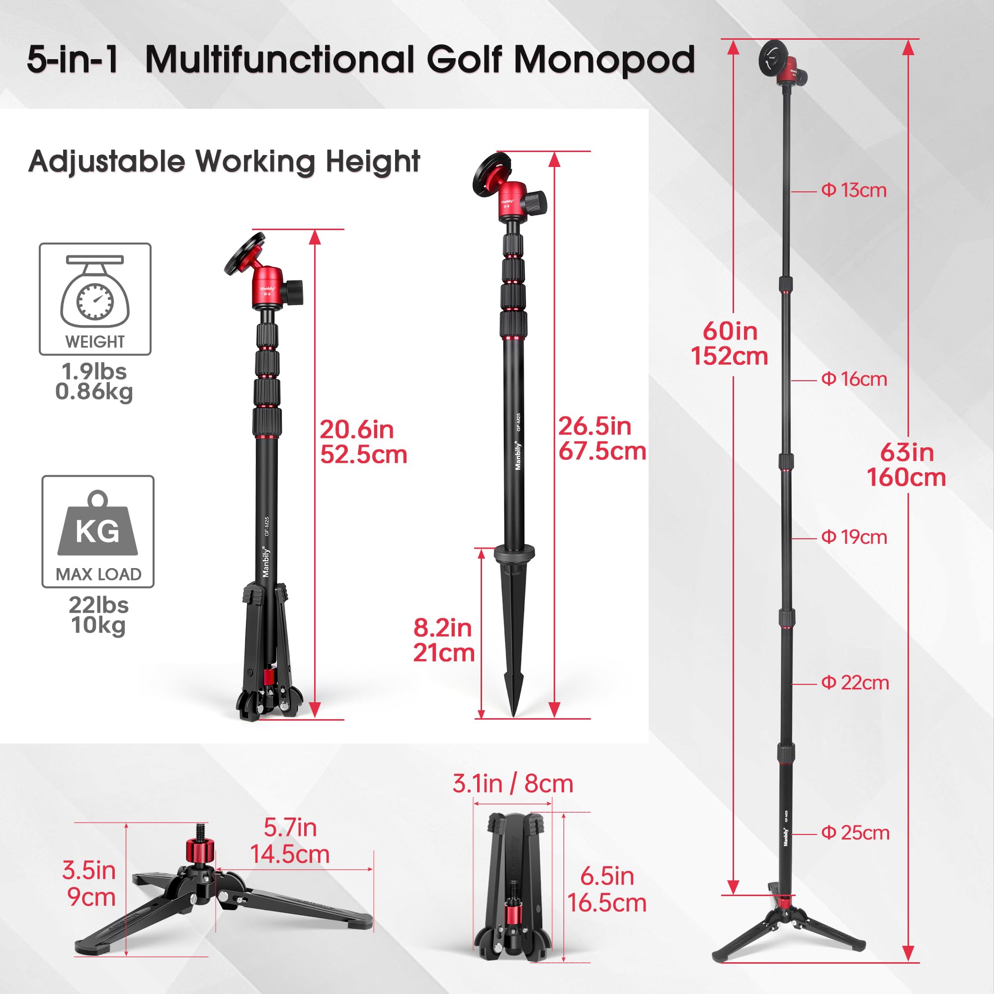 Manbily GF-M25 5-in-1 Golf-Einbeinstativ für Smartphones, Kameras, Einbeinstative, Magnetischer Telefonständer, Selfie-Stick mit langem Erdspieß, Stativ-Basishalterung Verlängerungsstange 1/4" 172cm