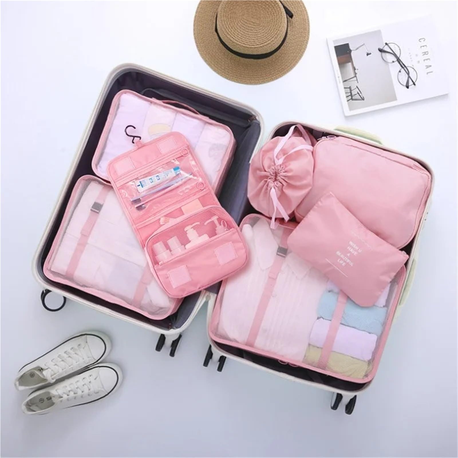 Set da 7 pezzi for organizzare borse viaggio, vestiti, bagagli, coperte, scarpe, valigie e cubi imballaggio per Vestiti, Scarpe, Cosmetici(Grey)