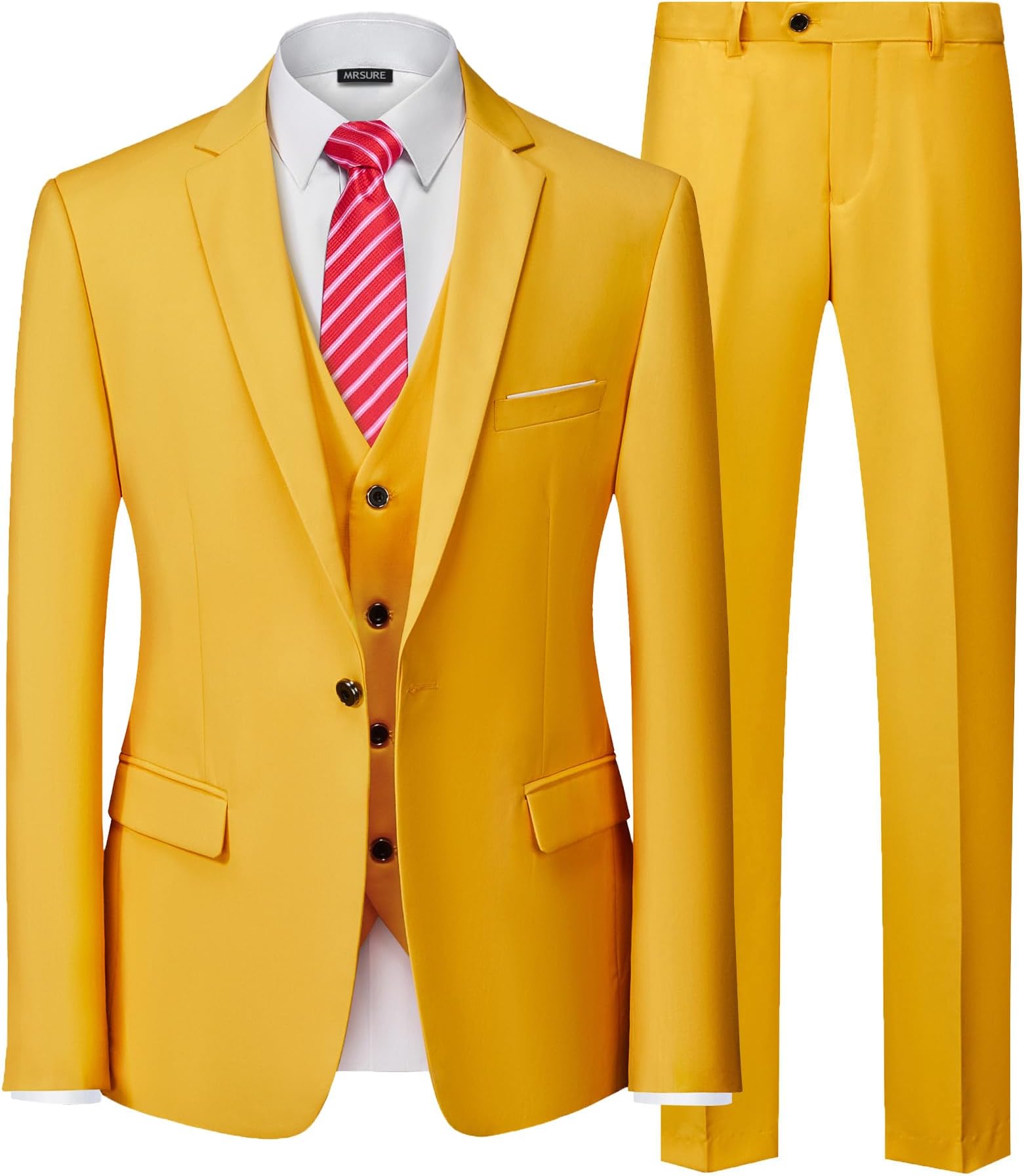 MrSure Men’s 3 Piece Suit Blazer, Slim Fit Tux with One Button, Jacket Vest Pants & Tie Set for Party, Wedding and Business