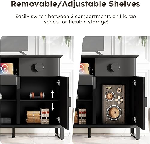 Miniatura 4 de Soporte de TV acanalado para sala de estar, soporte de TV negro de 70 pulgadas con tomas, centro de entretenimiento de 38 pulgadas de alto