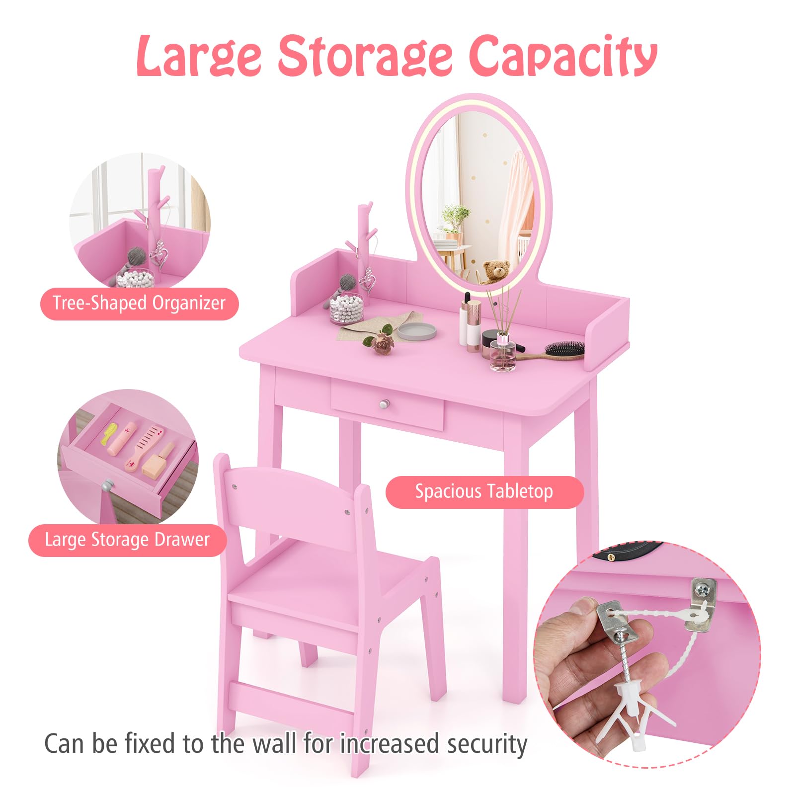 LIFEZEAL Juego de Tocador Infantil con Luz Led, Tocador para Niña con Espejo Extraíble, Conjunto de Escritorio con Silla para Niños de 3-8 años (Rosa)