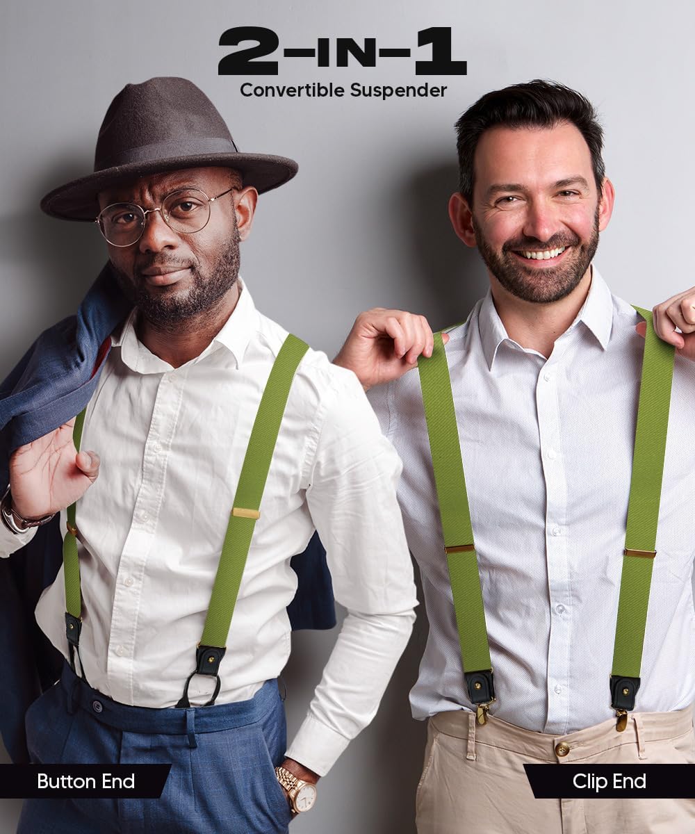 Convertible Suspenders with Interchangeable Clip & Button End Styles, Elastic Y-Back