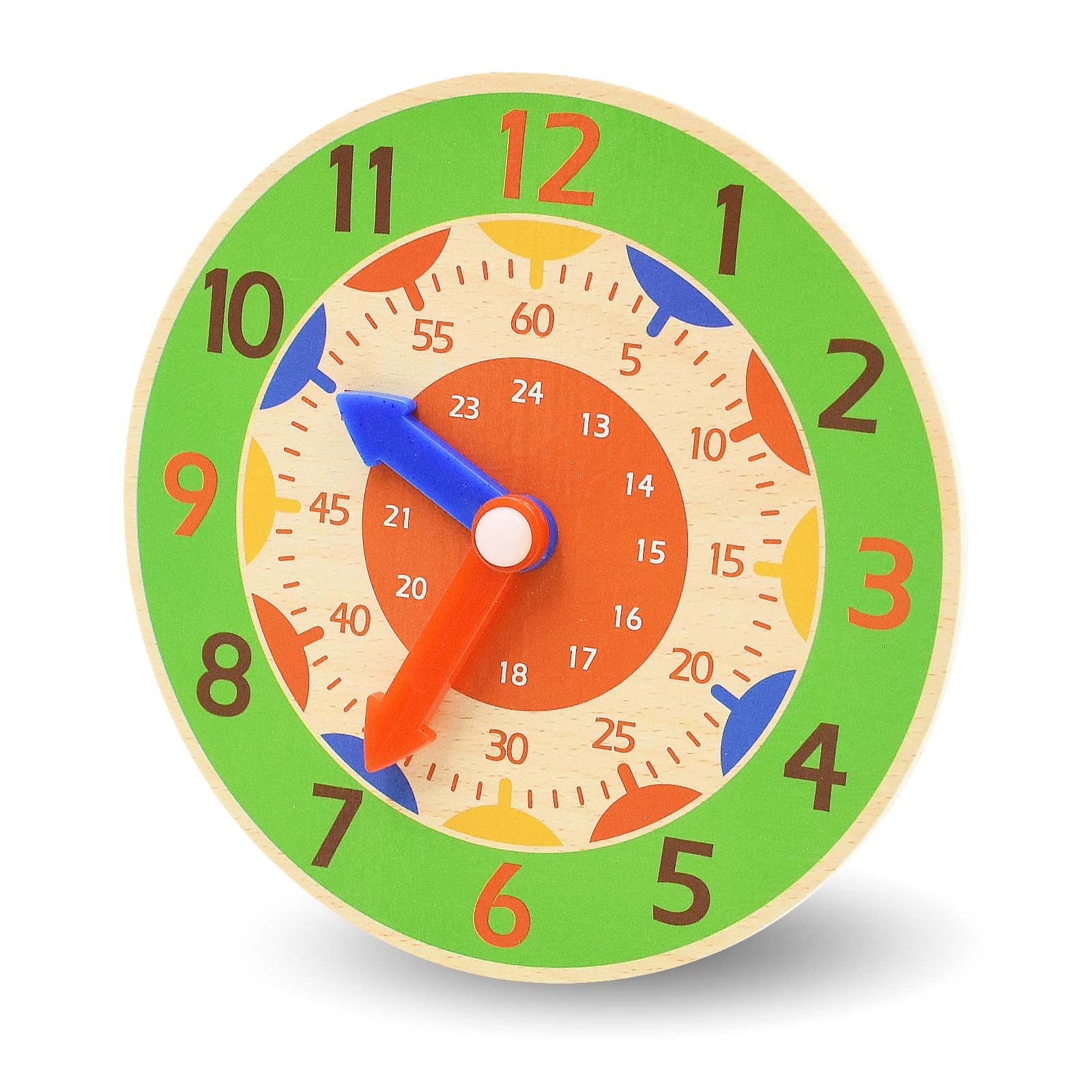 Kikuo 14CM Wooden Learning Clock, Colorful Teaching Clock with Hour and Minute Hands Education Toy