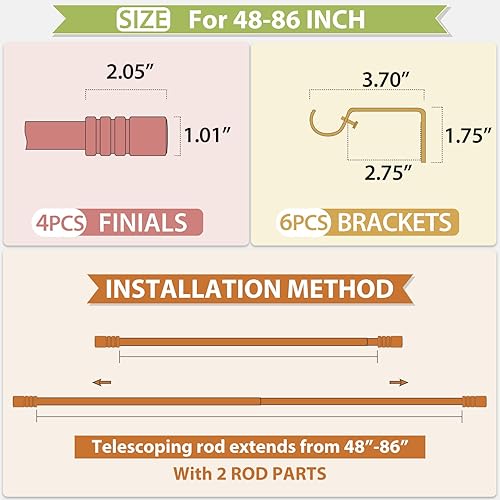 Miniatura 8 de KAMANINA Paquete de 2 barras de cortina de 48 a 86 pulgadas, barras de cortina individuales de bronce de 34 pulgadas para ventanas, barra de cortina