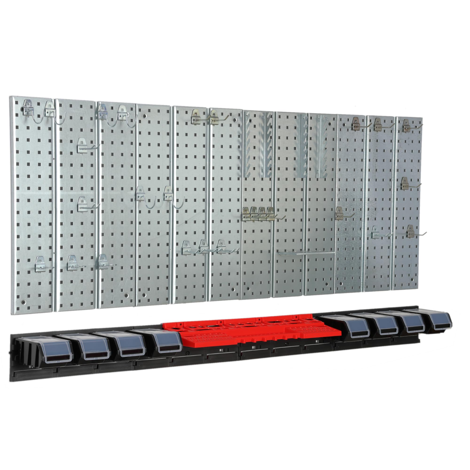 Metalowa ścianka narzędziowa 156 x 72 cm, system przechowywania z uchwytami na narzędzia, hakami narzędziowymi i 8 pudełkami do układania w stos 100 x 150 x 70 mm, kolor: czarny, deska perforowana do