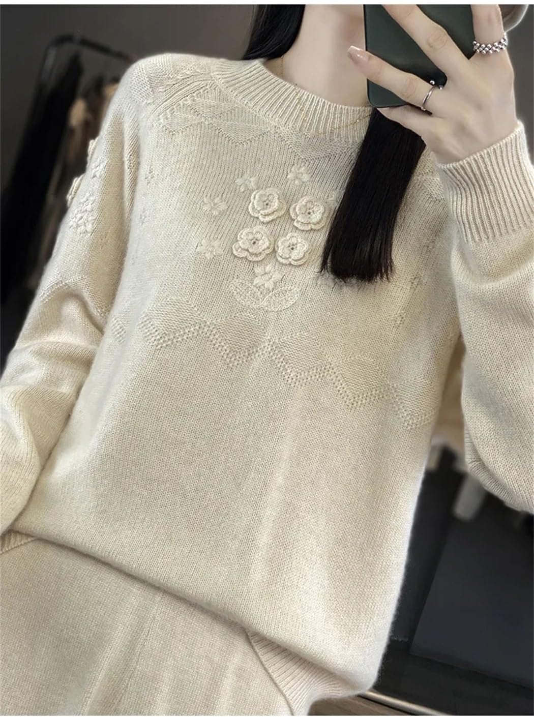 Women's Chinese Style Cute Sweaters 100% Wool Soft Knit Jumper Crewneck Long Sleeve Flowers Thermal Tops