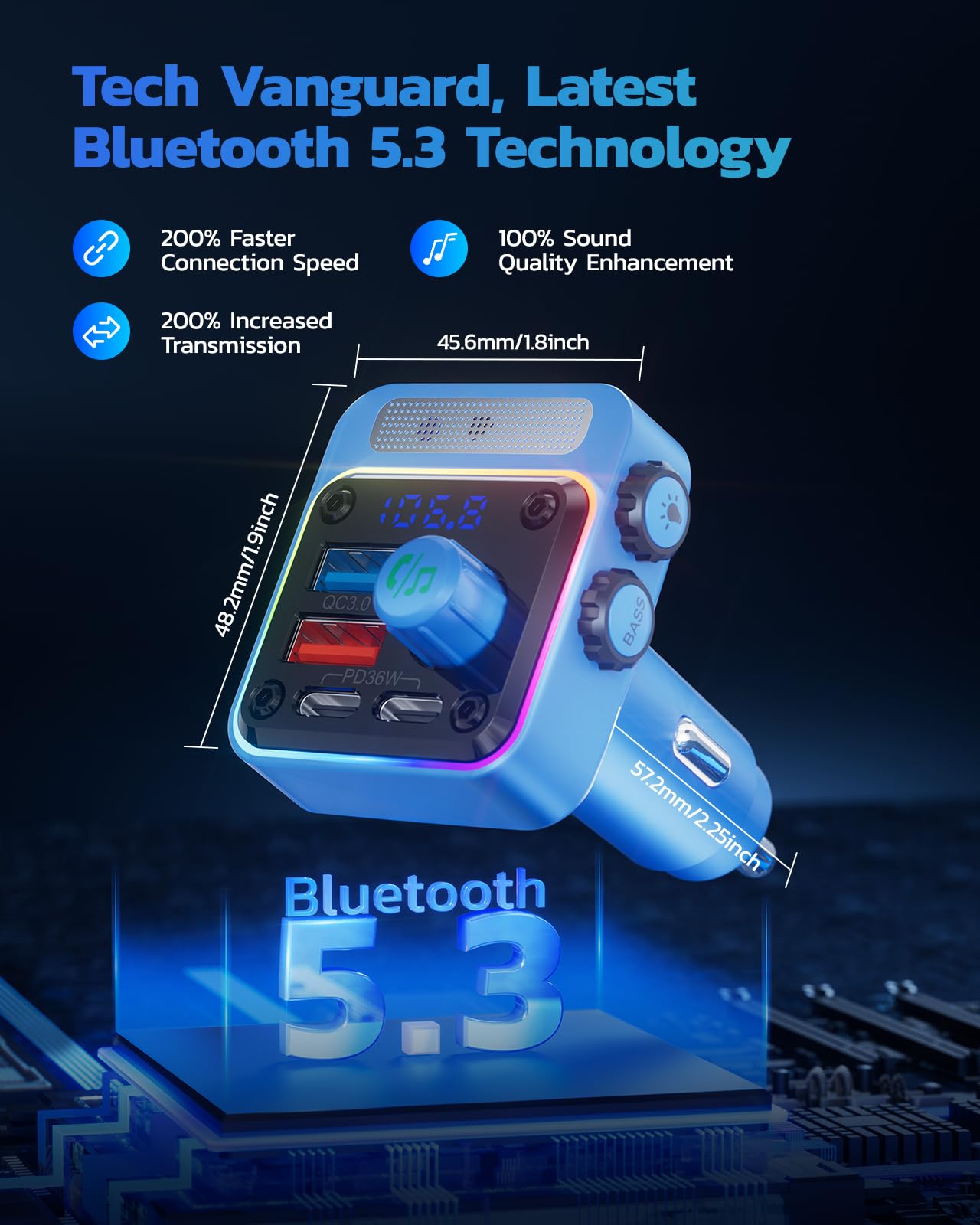 NULAXY 54W Adaptateur Chargeur Allume-Cigare Bluetooth 5.3 avec 4-Port Charge Rapide[PD 36W & QC3.0 18W], Transmetteur FM avec Basses Profondes, Éclairage 5-Couleur, Appels Mains-Libres, Bleu Clair