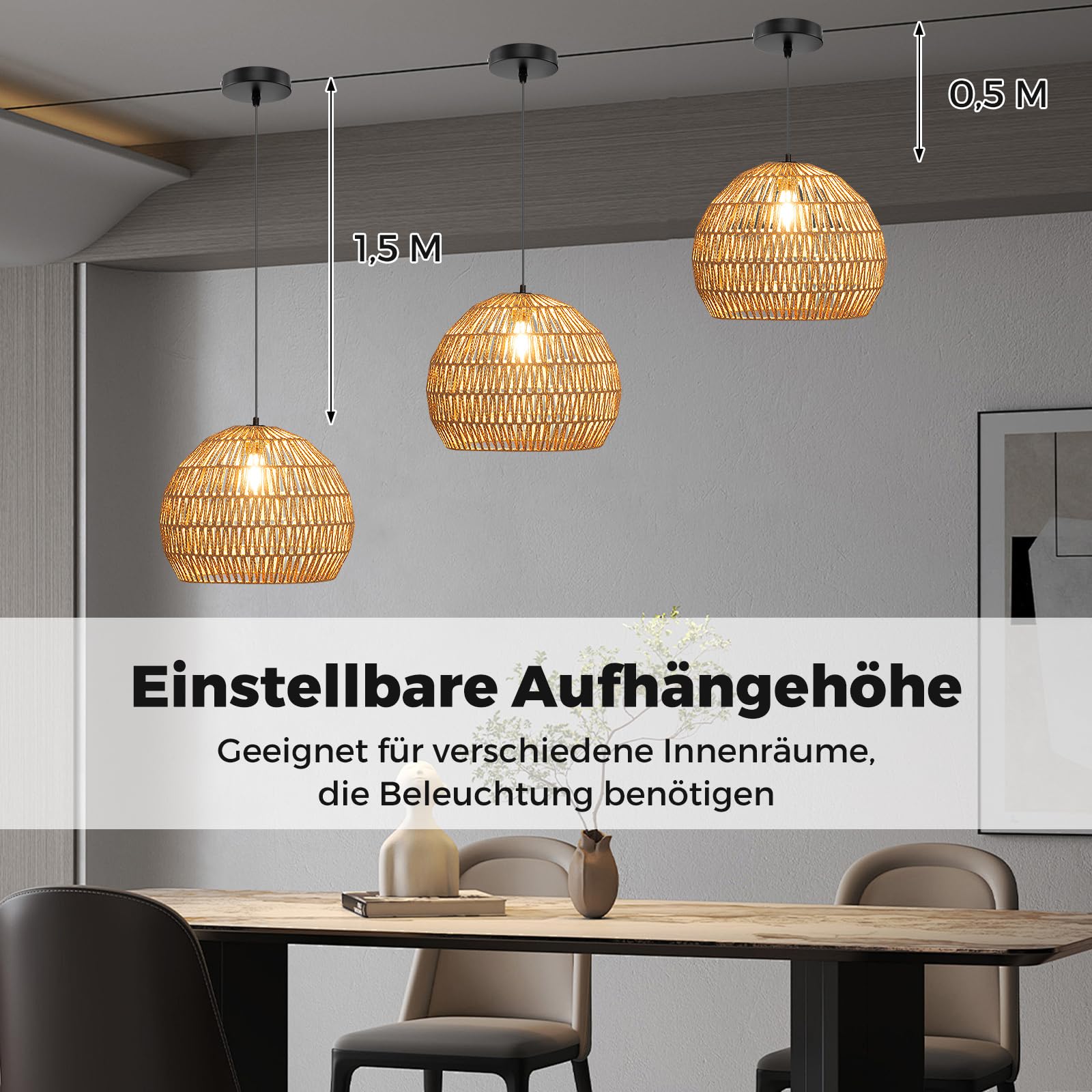COSTWAY geflochtene Pendelleuchte, Boho Deckenleuchte mit verstellbarer Aufhänghöhe, Bauernhaus Hängelampe mit E27-Basis (Lichtquelle nicht enthalten) für Küche, Schlafzimmer, 43 x 34 cm (kaffee)