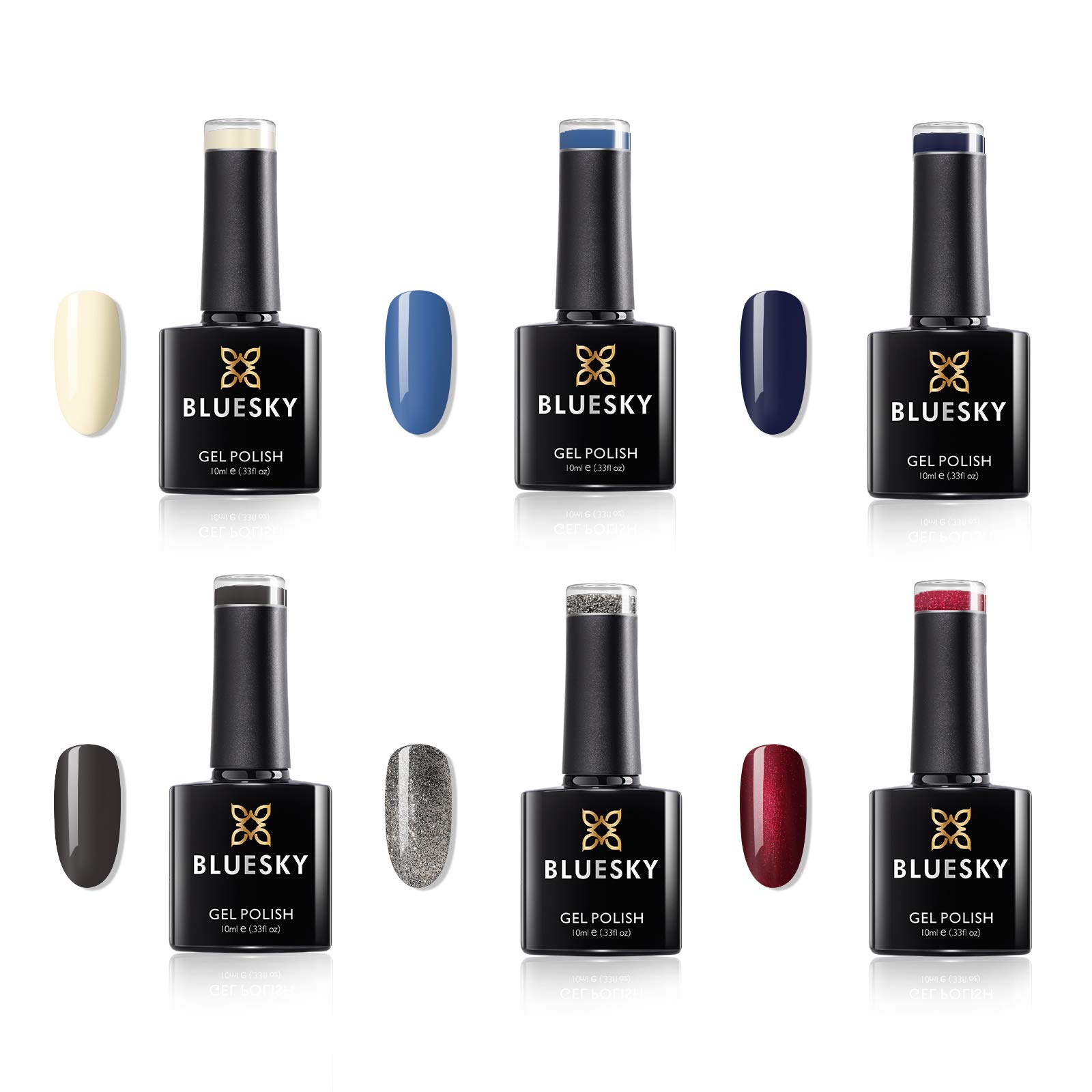 Bluesky Lot de 6 vernis à ongles gel AW2020 Lady Snow Automne et Hiver 2020-10 ml - Rouge, crème, gris, bleu, bleu marine, argent, paillettes (nécessite un durcissement sous lampe UV/LED)