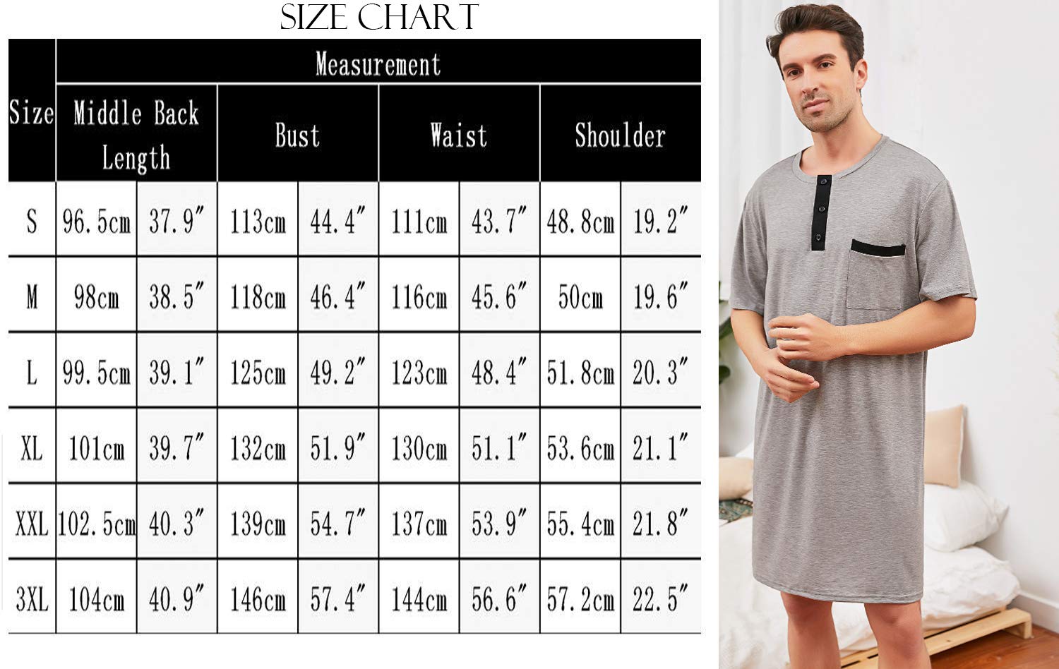 Enjoyoself Men's Cotton Pyjama Tops Soft Breathable Nightgown Knee Length Night Shirts Short Sleeve Nightwear Lounge Wear