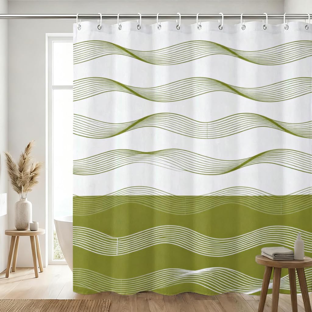 ZAFYYGH Minimalist Line Wave Shower Curtain, 72x72 Inch Geometric Green and White Abstract Fabric, Modern Art Bathroom Decor
