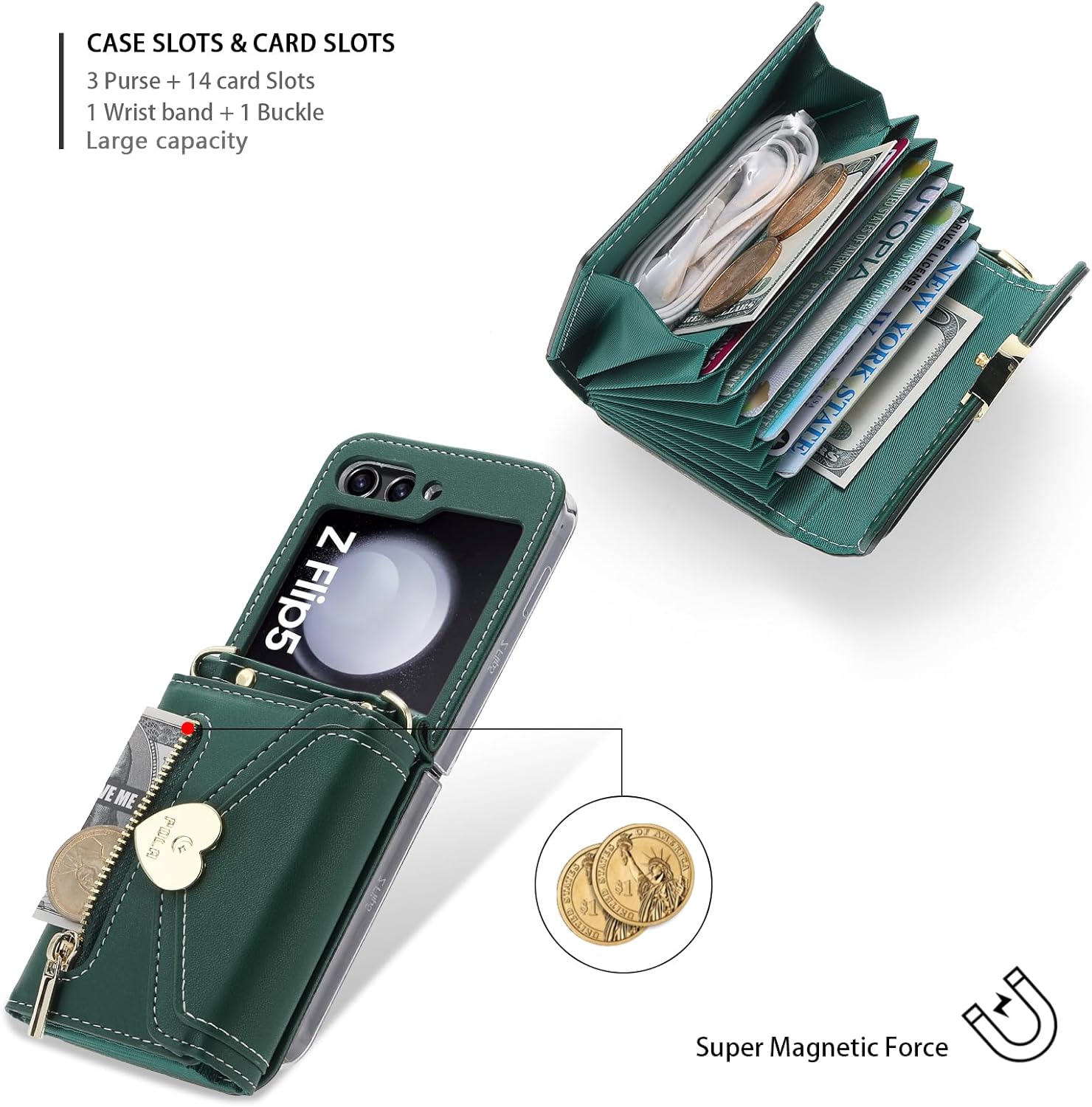 Women Wallet Purse for Samsung Galaxy Z Flip 5 5G Case Crossbody with Credit Card Holder Strap Lanyard Kickstand Flip Leather Zipper (Green, Z Flip 5)