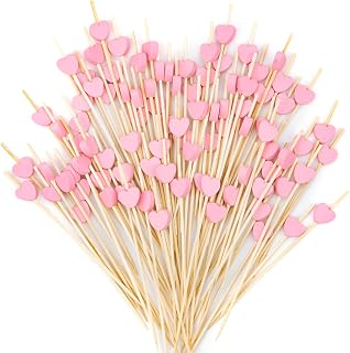 Fantasyon 100 Pcs Fruit Toothpicks, Heart-Shaped Bamboo Cocktail Picks Toothpicks for Appetizers Fruit Drinks Desserts Barbecue (Pink)