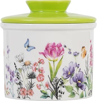 Floral Butter Crock with Green Lid 3.9 French Butter Holder with Water Line For Kitchen Counter Decor Ceramic Keeper for Fresh Spreadable Butter, Container Holder for Kitchen and Home Decor