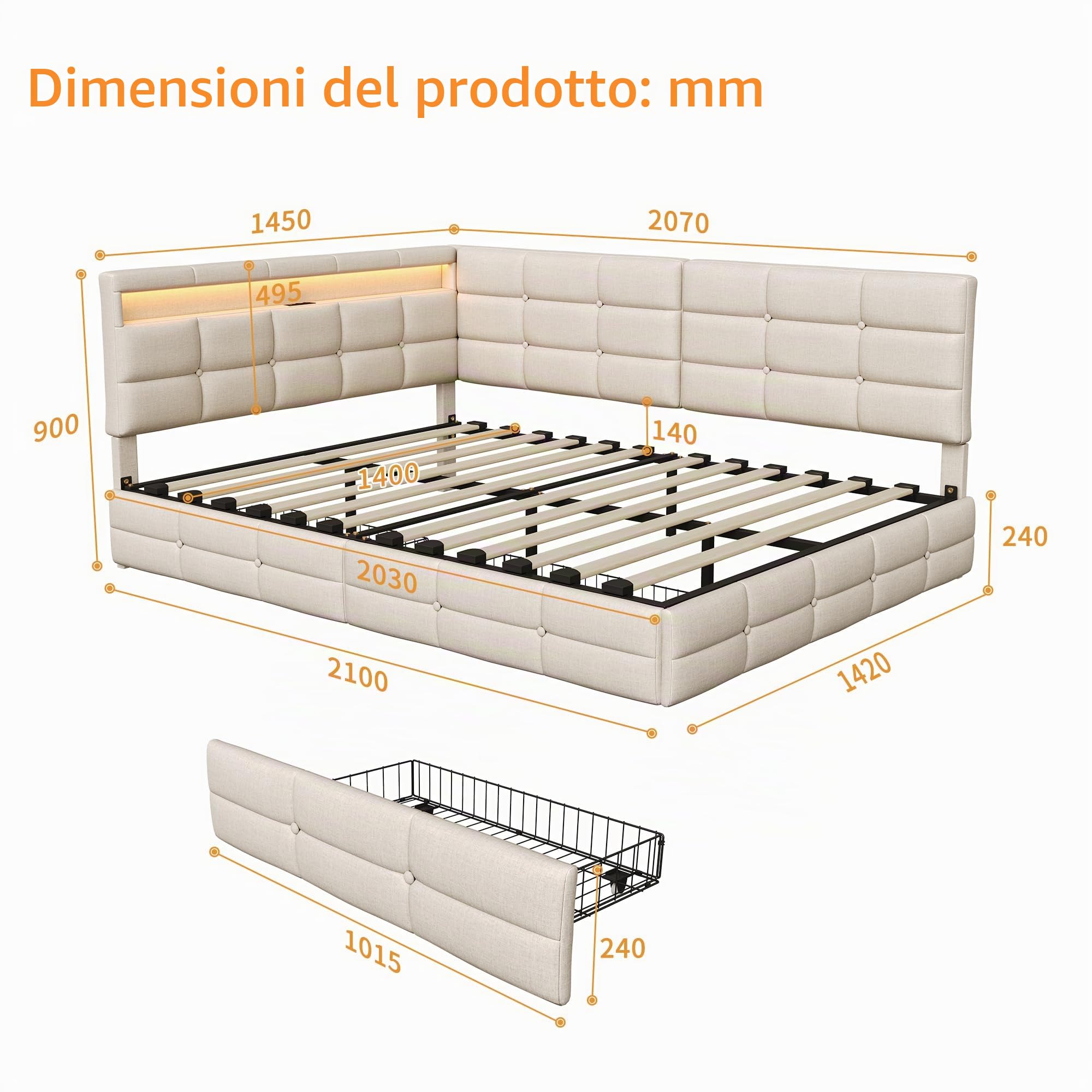 Letto angolare Divano Letto 140 x 200 con 2 cassetti, LED, presa USB, letto panca con testa reversibile e rete a doghe per soggiorno/studio/camera da letto, tessuto lino, senza materasso