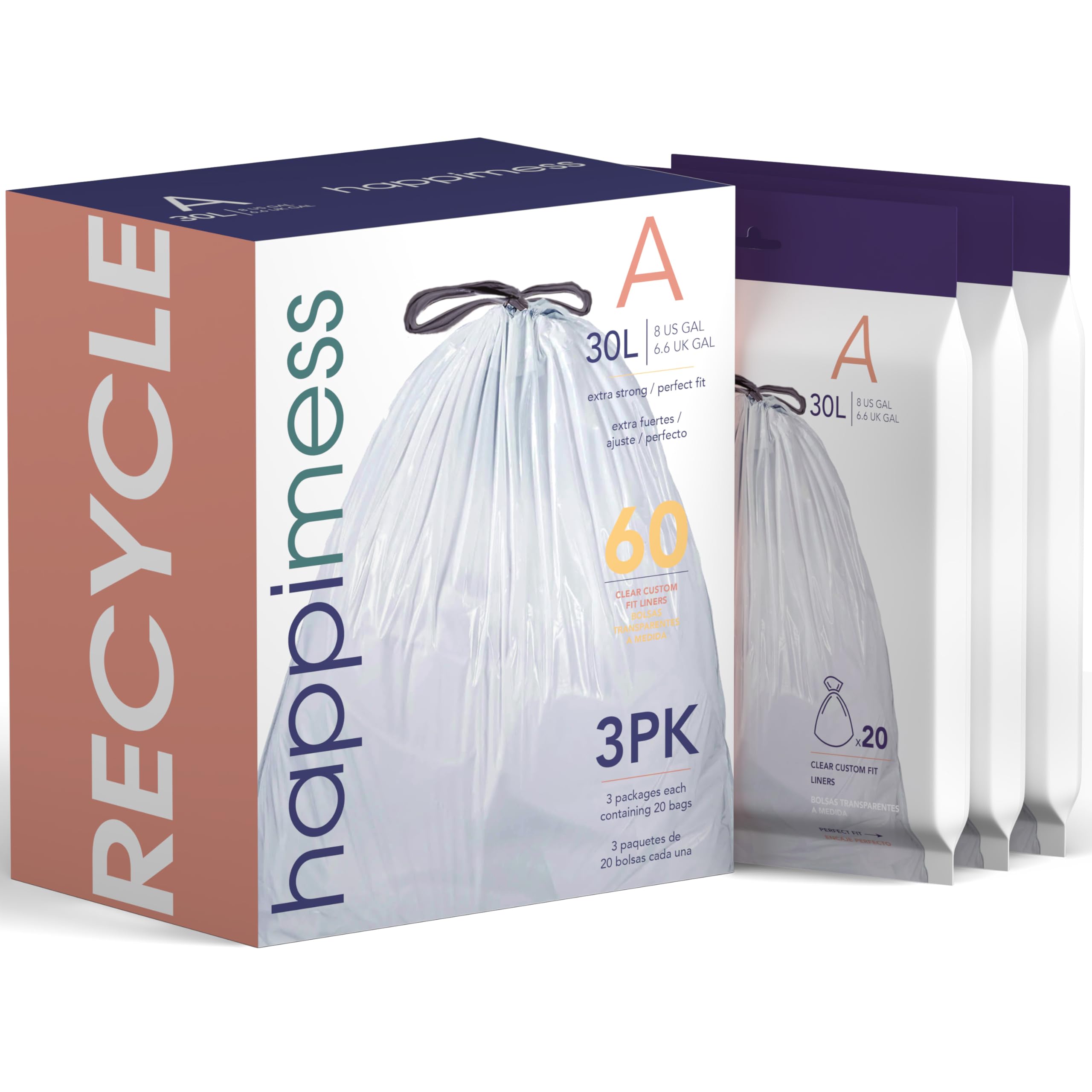 happimess Clear / 60 Count (Pack of 1) / 8 Gallon Trash Bags