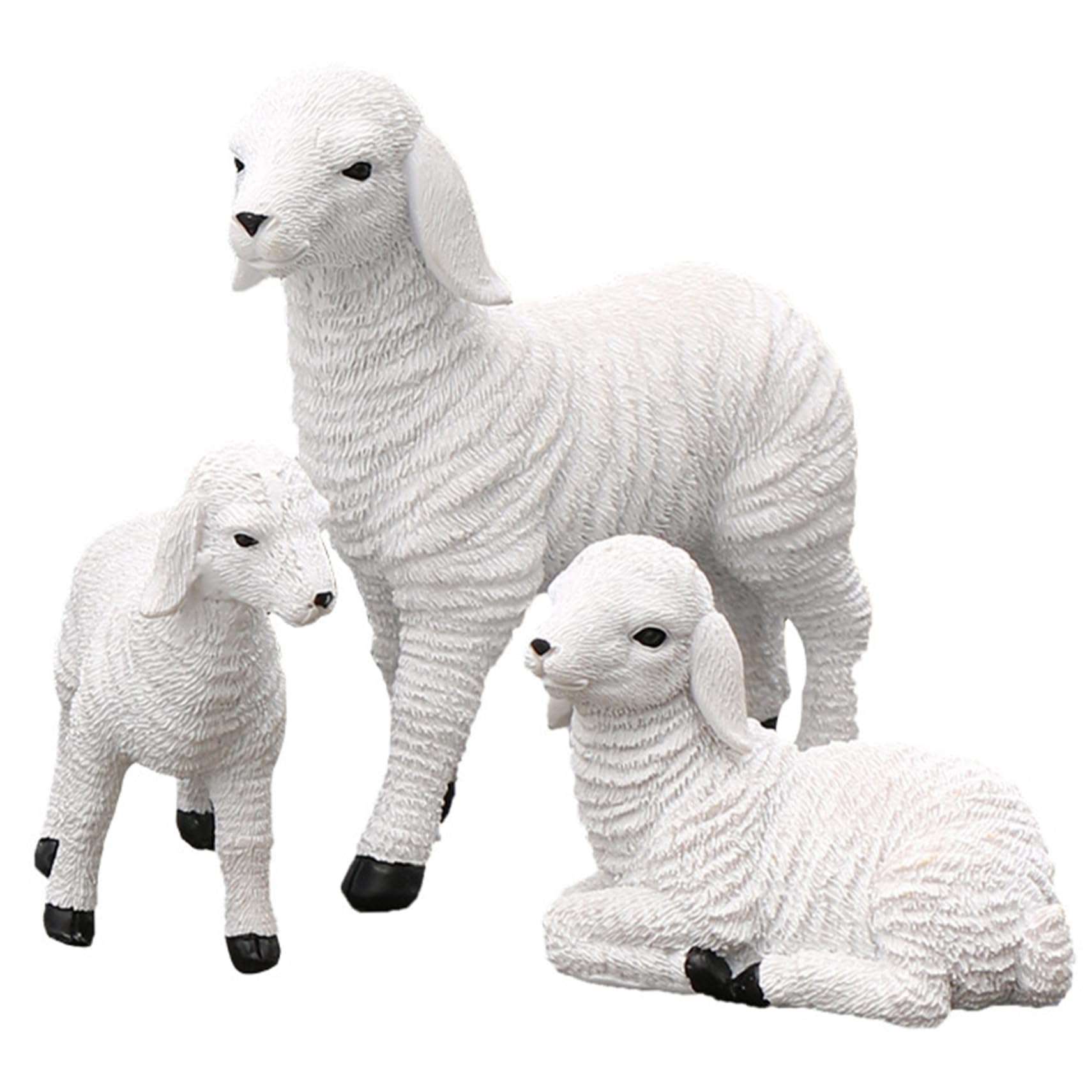 Awnsimfreien White Lamb Figurine, 3Pcs Sheep Figurines Cute Realistic Lamb Artificial Resin Figurines Decoration For Garden, Patio, Outdoor, Resin