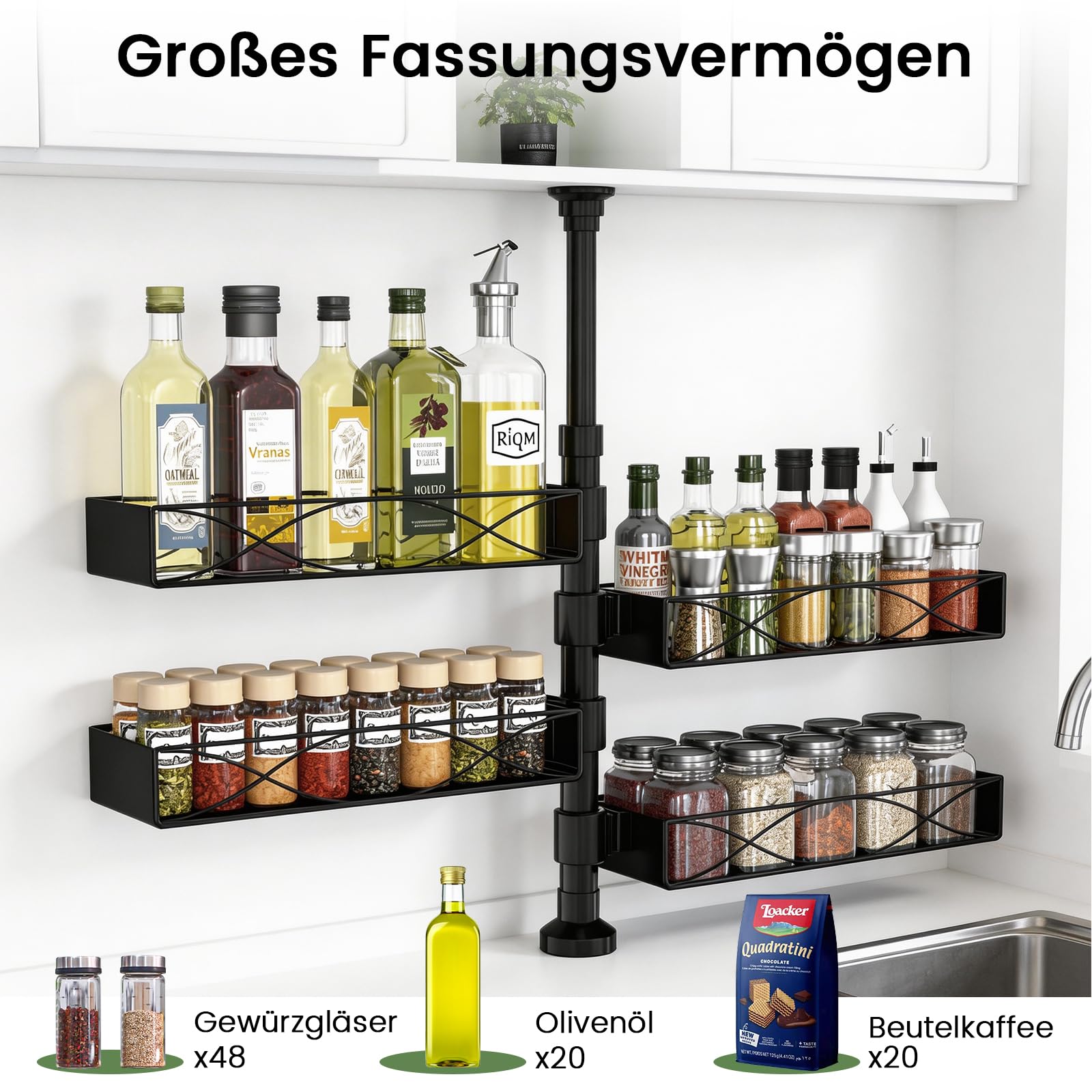 Mixoo 4 Stück Drehbar Gewürzregal Stehend Ohne Bohren,Höhenverstellbar:42–62 cm,Extra Große Kapazität Gewürz Organizer Ecke für Küchen,Metall Spice Rack Wasserdicht Schwarz,für Viele Gewürze (Schwarz)