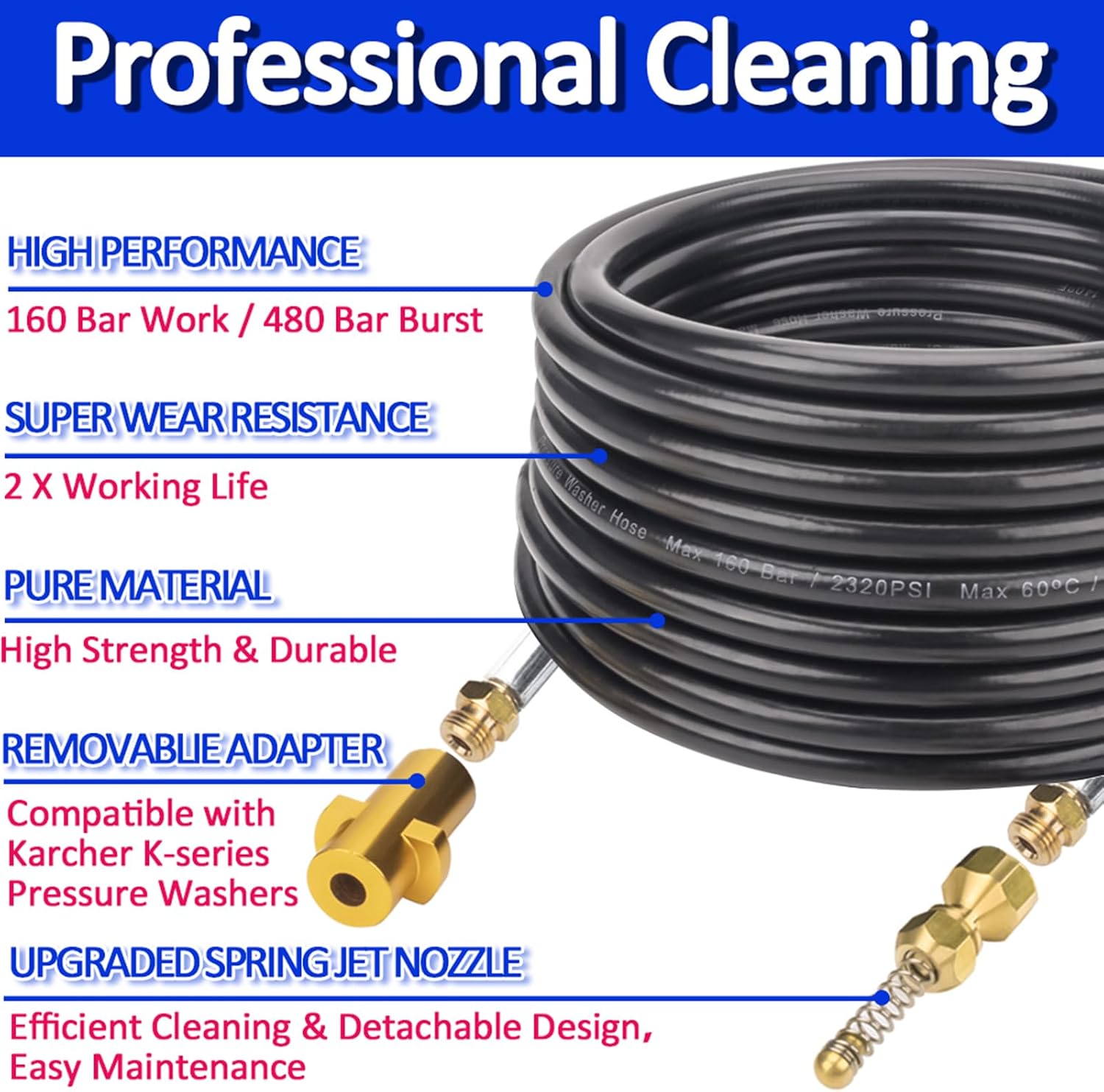 BEARFORCE 1/4” 10m 32ft Pressure Washer Sewer Jetter Kit, 1/4 Inch Power Washer Sewer Drain Water Cleaning Hose for Karcher K2 K3 K4 K5 K6 K7 High Pressure Washers
