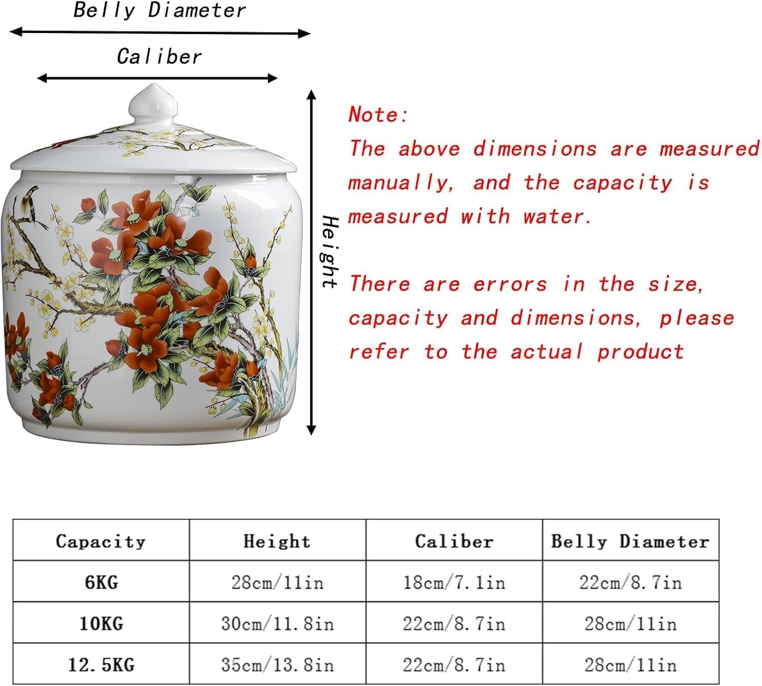 ELEFOCUS Large Capacity Ceramic Rice Cylinder, Tea Storage Containers, Ceramic Snacks Barrels, 10kg Chinese-style Flour Storage Jars(D,Capacity 12.5kg)