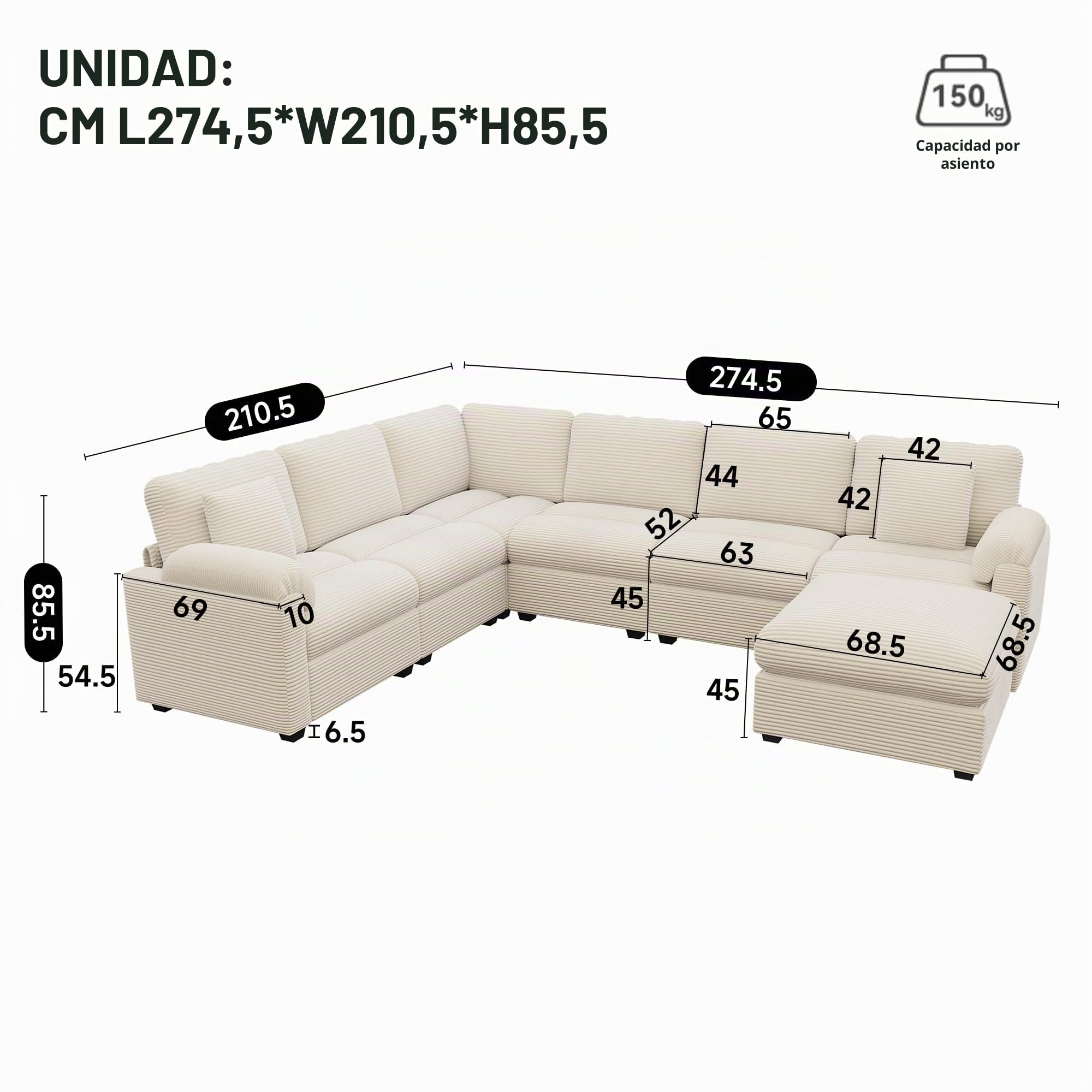 Sapgaks Sofá Convertible de 7 plazas en U/L con Pufs Móvil, Sofá de esquina grande Convertible de pana con cojines, Sofá Modular Multifuncional en el Salón Appt, Beige