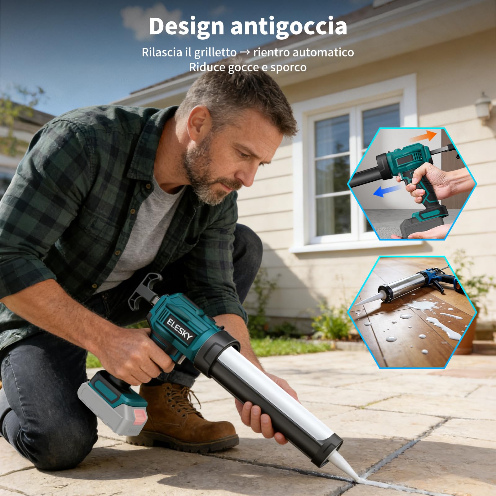 Pistola Elettrica per Silicone 18V, 300-310 ml, Senza Batteria | 4 velocità, funzione antigoccia, luce LED e dosaggio preciso, compatibile con batterie Makita 18V.