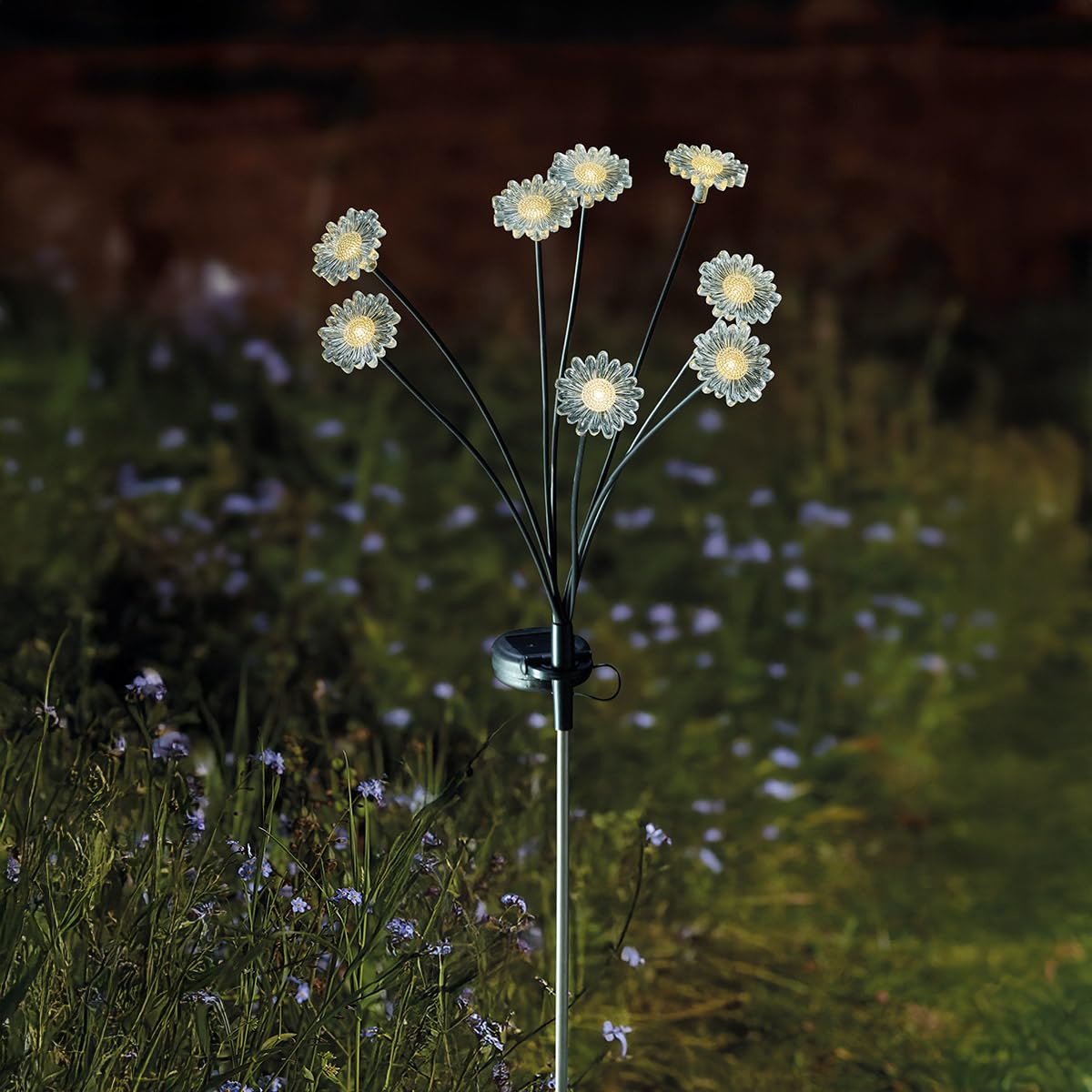Festive Lights - 70cm Solar Garden Flower Stake Light with 8 Warm White LEDs - Weather Resistant Outdoor Decor, Adjustable Arms & Tiltable Panel - Automatic Dusk to Dawn Glow for Pathways & Borders