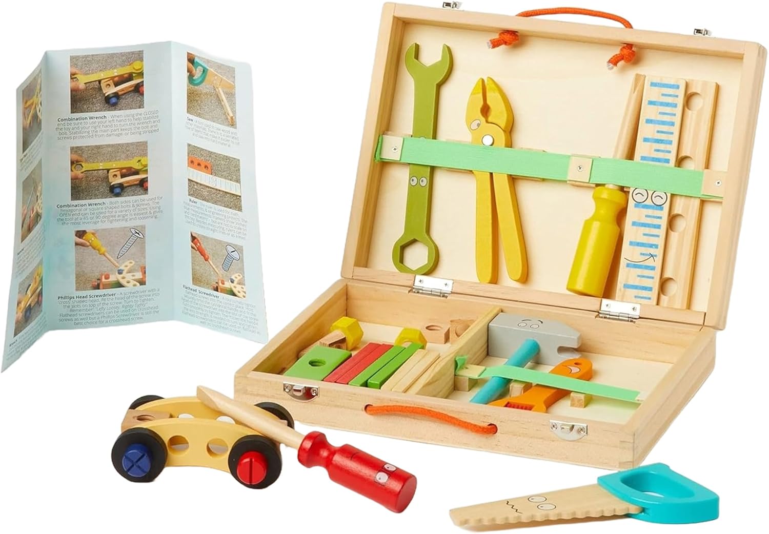 Tool Box Set, 25 Pcs Wooden Toddler Tool Kit with Assembling Chart, Learning Activities Wooden Tool Box for Kids, Montessori Educational STEM Construction Toys Kid Tool Set Age 3 to 7