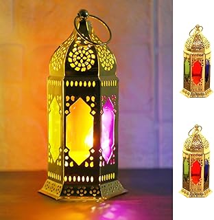 2 Pack Moroccan Style Candle Lantern, Small Tealight Candle Holder with Transparent Glass Panels, 7 Inch Hanging Lantern Outdoor for Ramadan, Halloween Decorative Metal Lamp for Patio, Weddings（Gold）