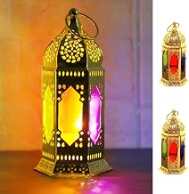 2 Pack Moroccan Style Candle Lantern, Small Tealight Candle Holder with Transparent Glass Panels, 7 Inch Hanging Lantern Outdoor for Ramadan, Halloween Decorative Metal Lamp for Patio, Weddings（Gold）