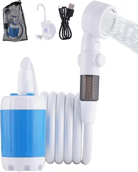 Subtoy Portable Camping Shower Pump, USB-C Rechargeable Shower Head Sprayer with 3 Modes, Pumps Water from Bucket, Shower Pump for Travel, RV, Pet Bath, Beach, and Emergency Use + Mesh Bag