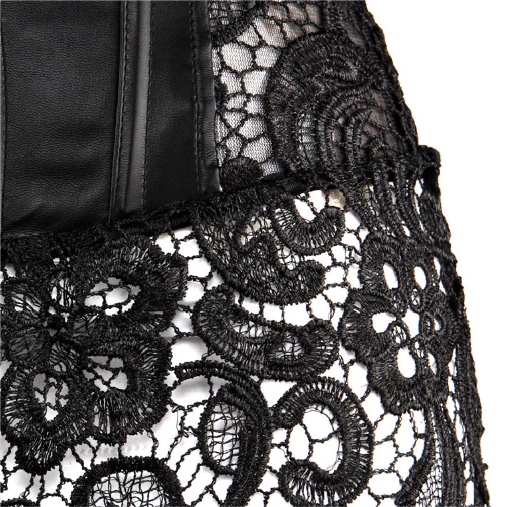 DISSA Corset Robe Simili Cuir Baleines Plastiques | Simili cuir, bretelles en dentelle, laçage avant, fermeture éclair arrière, jupe en dentelle intégrée, baleines plastiques