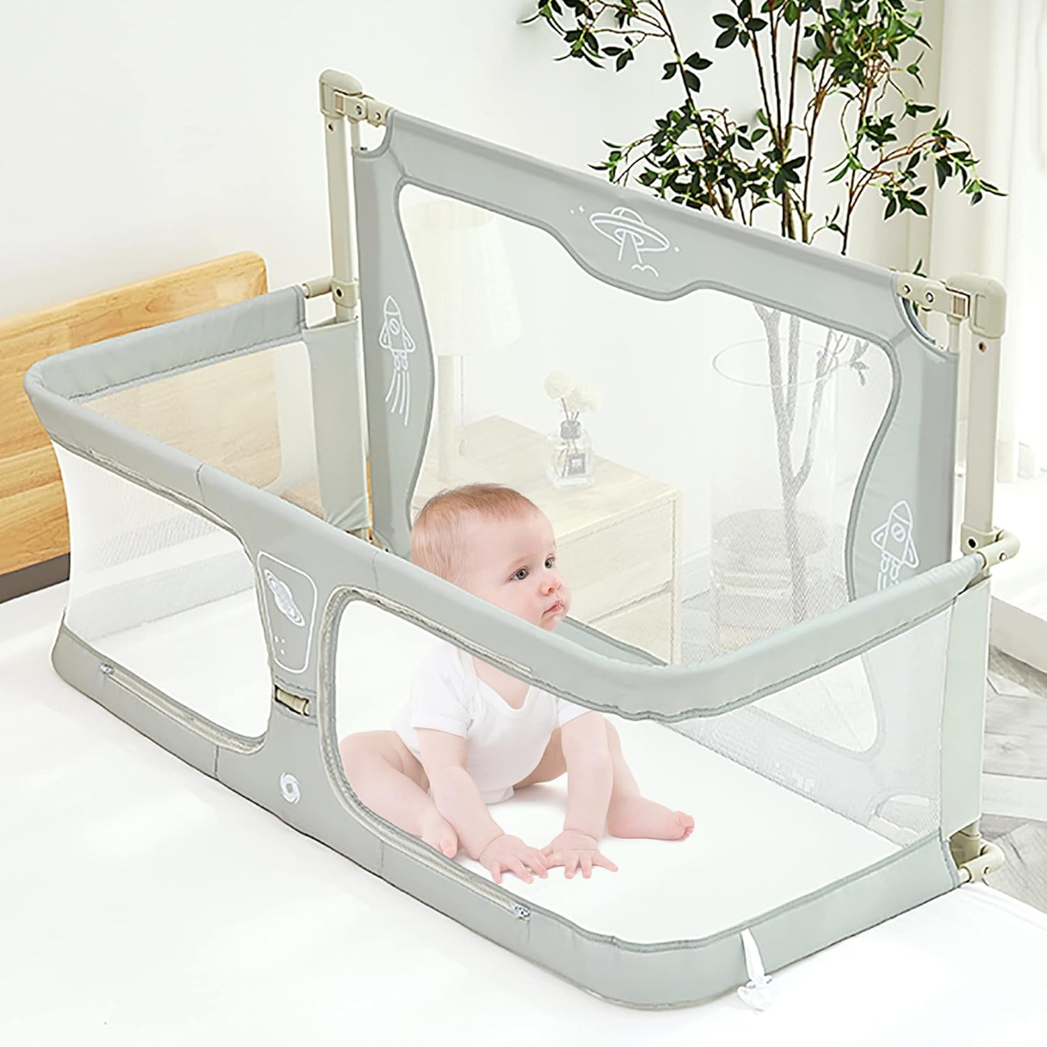 3 In 1 Baby Bedside Crib,Baby Bedside Sleeper,Folding Portable Crib,Breathable And Visible Mesh Window,Soft Washable Liner Cover And Sturdy Aluminum Alloy,Easy To Assemble Cradle Stationary ( Color :