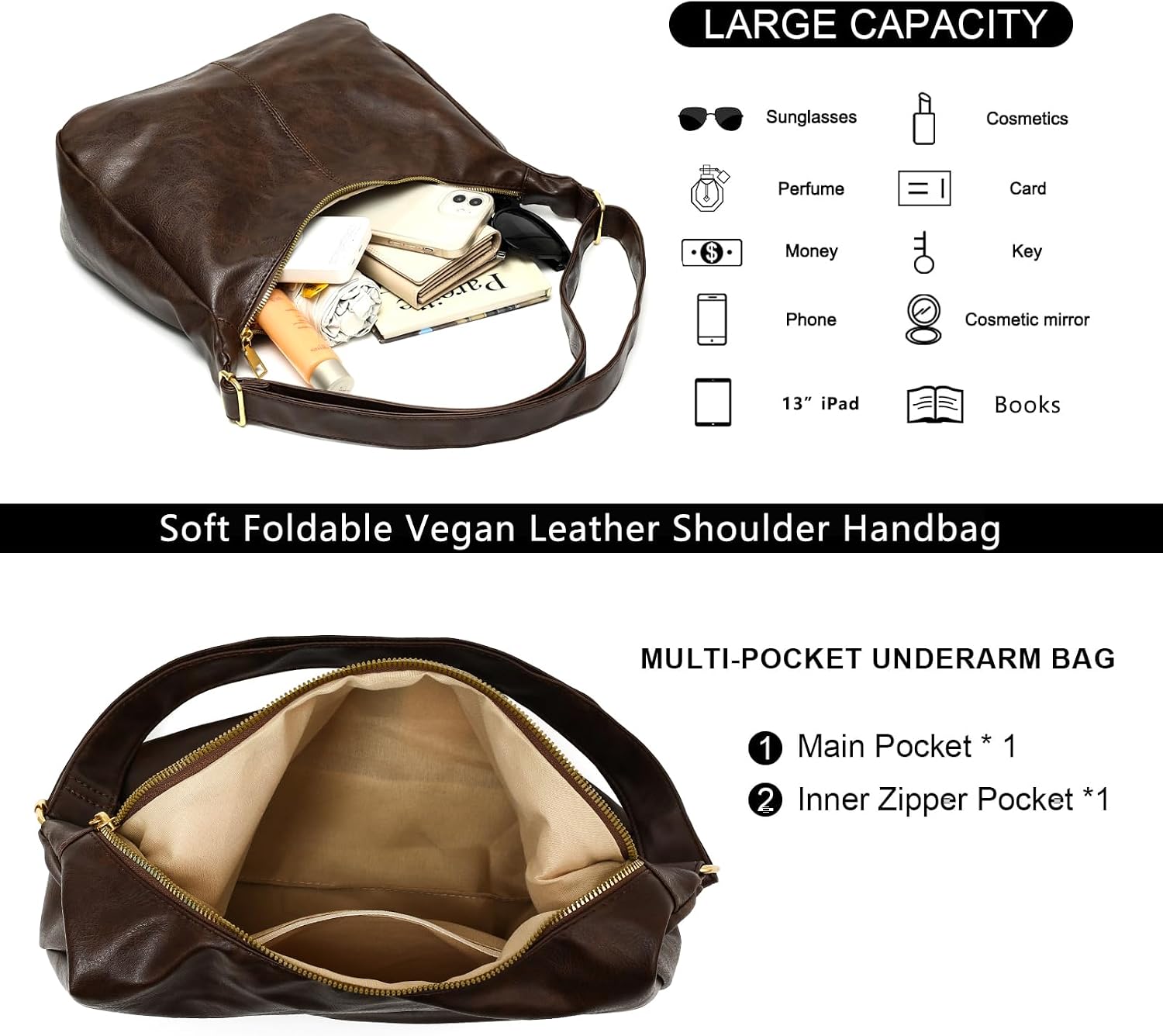 Slouchy Vegan Leather Shoulder Bag for Women,Trendy Soft Crossbody Hobo Bags,Stylish Everyday Tote Purses Handbags