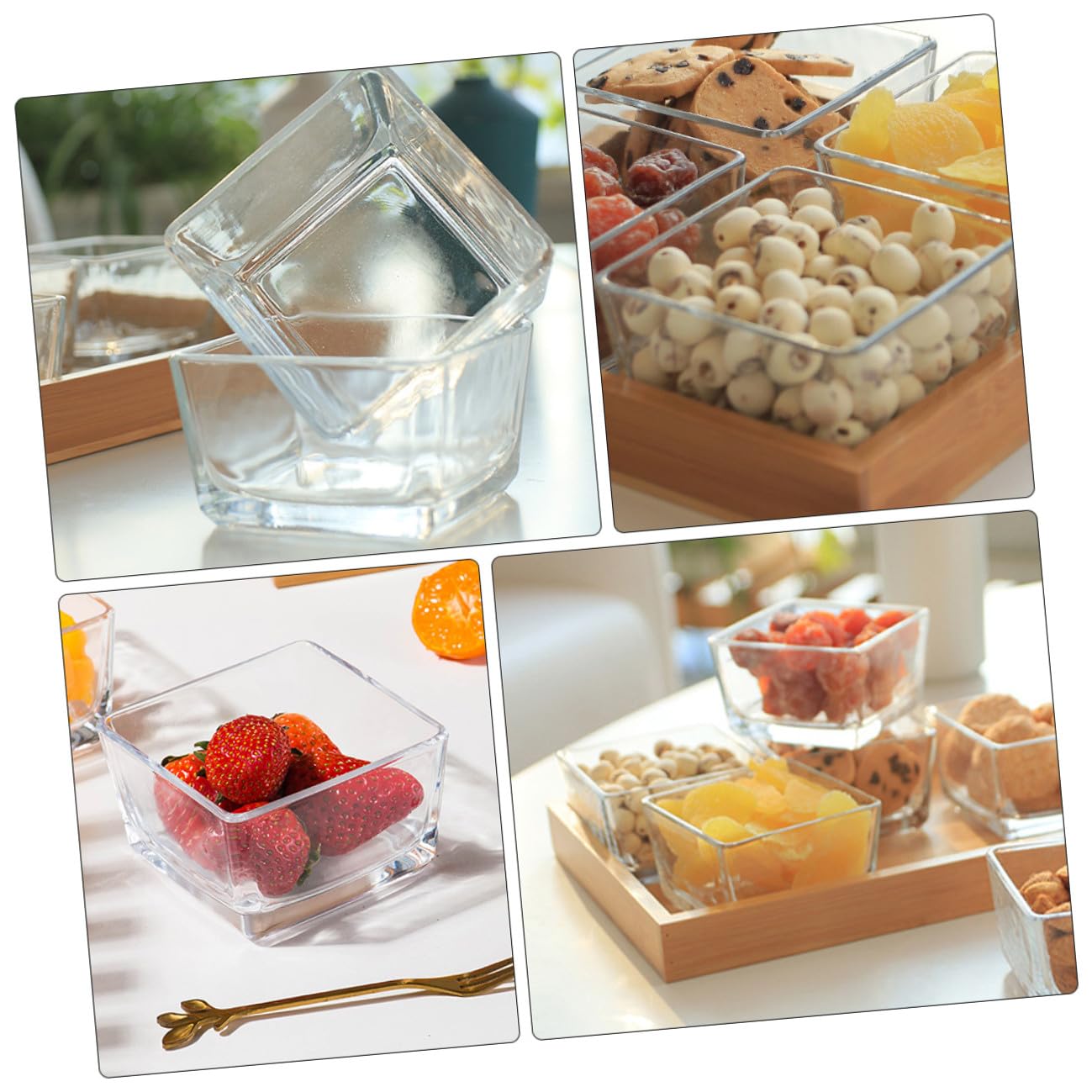 SEWACC Plateau à Fruits Compartimenté en Verre Transparent 4 Sections sans Couvercle Assiette à Noix et Plateau de Service pour Collations pour Fruits Secs et Apéritifs