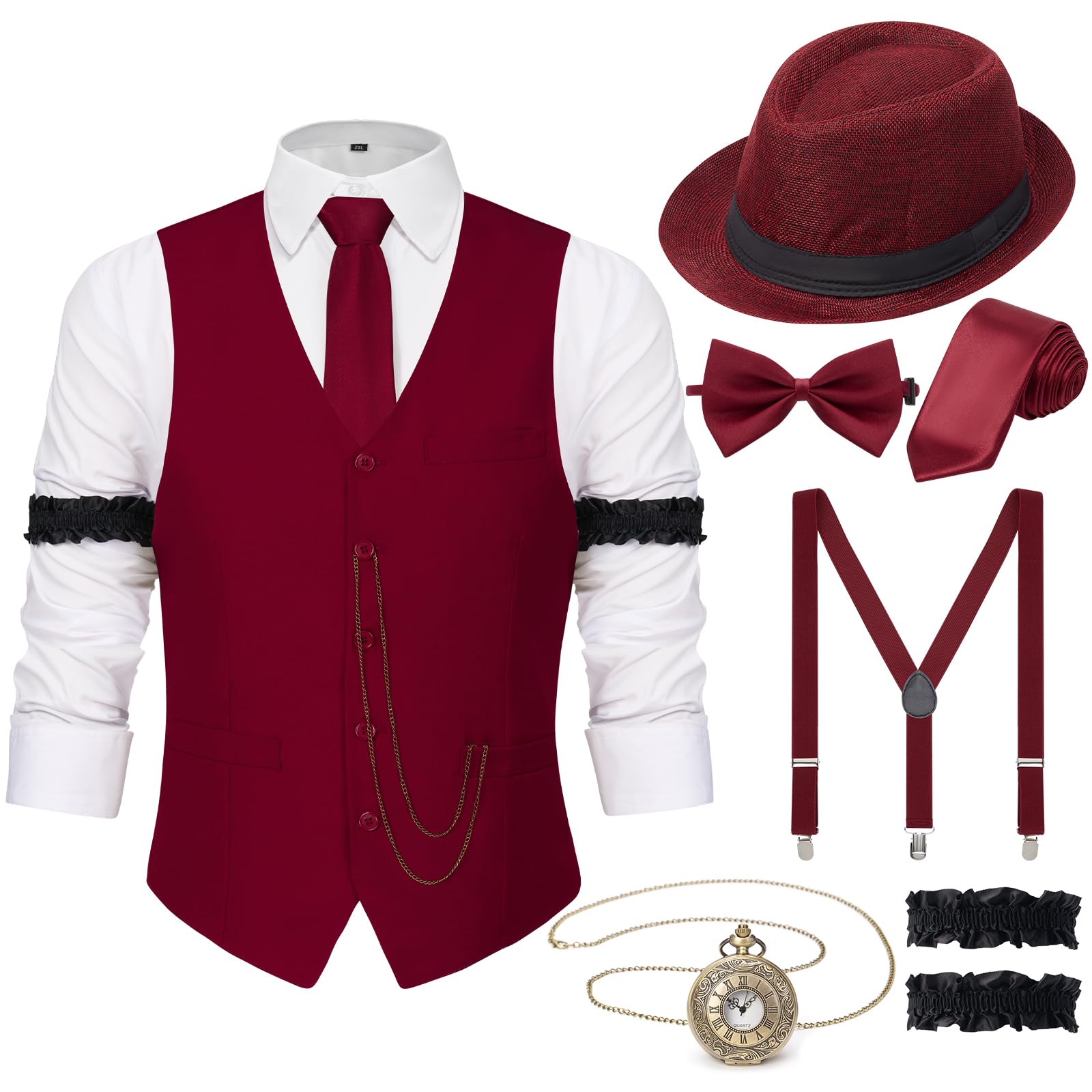 1920s Mens Costume Outfit, Roaring 20s Gatsby Accessories for Men, Vest Hat