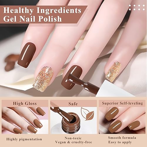 Miniatura 6 de SAVILAND Kit de 42 esmaltes de uñas de gel: juego de esmaltes de gel de otoño de 32 colores marrón y negro con purpurina UV con base de enlace de pH