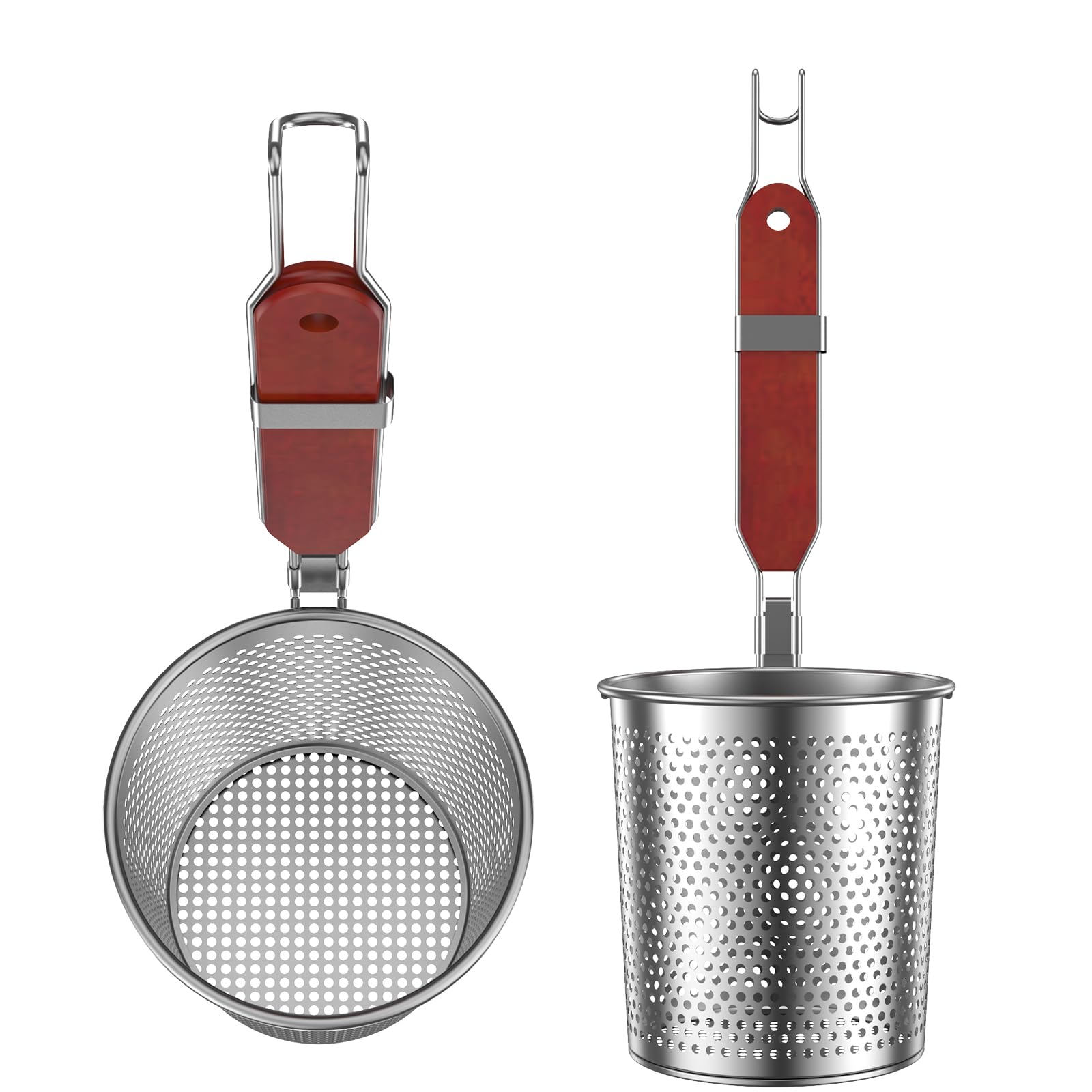 Cesto di pasta in acciaio inossidabile da 2 pc con manico in legno a 2 dimensioni a 2 dimensioni pasta di pasta pasta pasta impiccabile cestino cestino per cestino per la lavastoviglie skimmer di nood