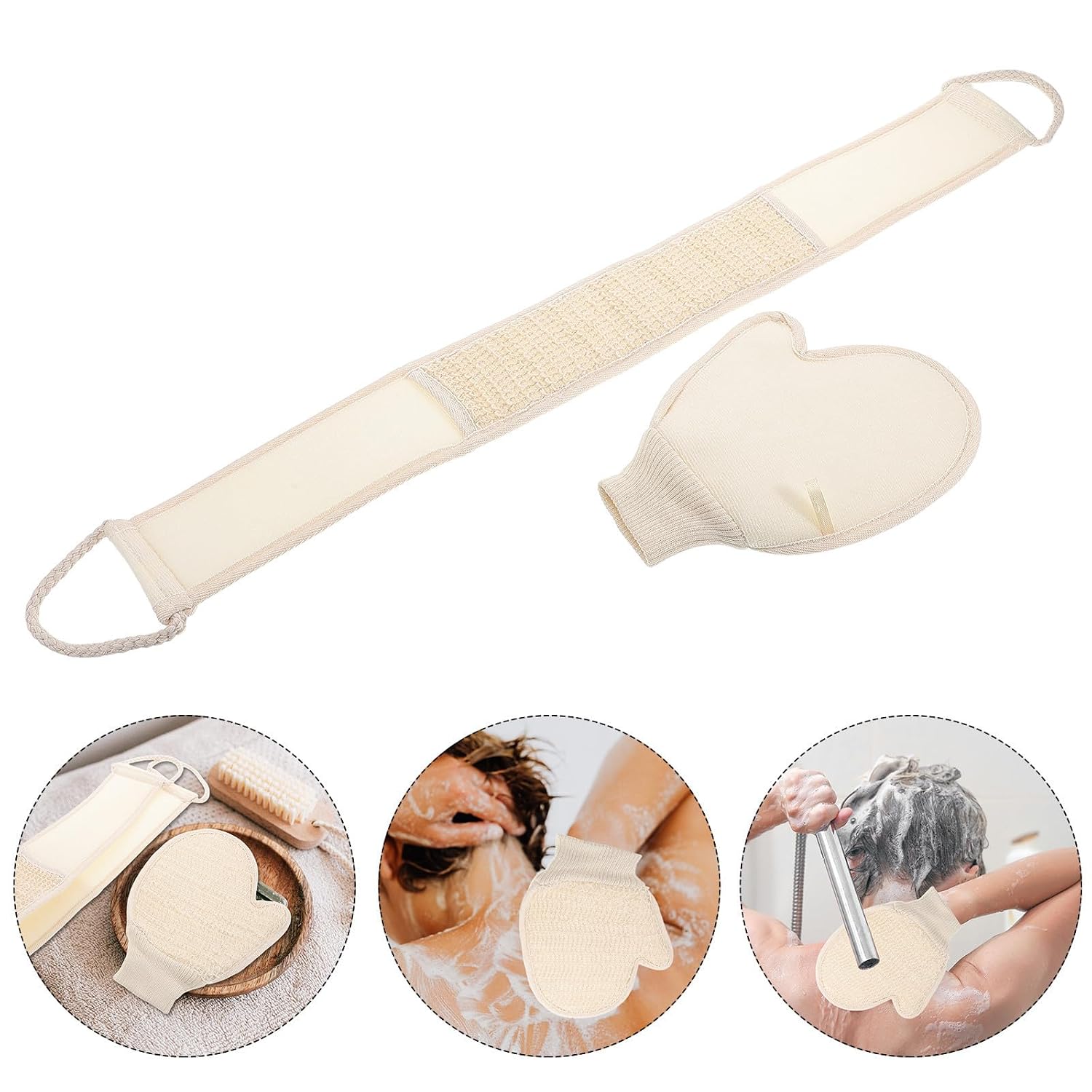 Bath Back Scrubber Strap Easy to Clean Feature for Shower Gloves Set, Cotton and Linen Exfoliating Gloves with Women and Men Showering and Travel Use