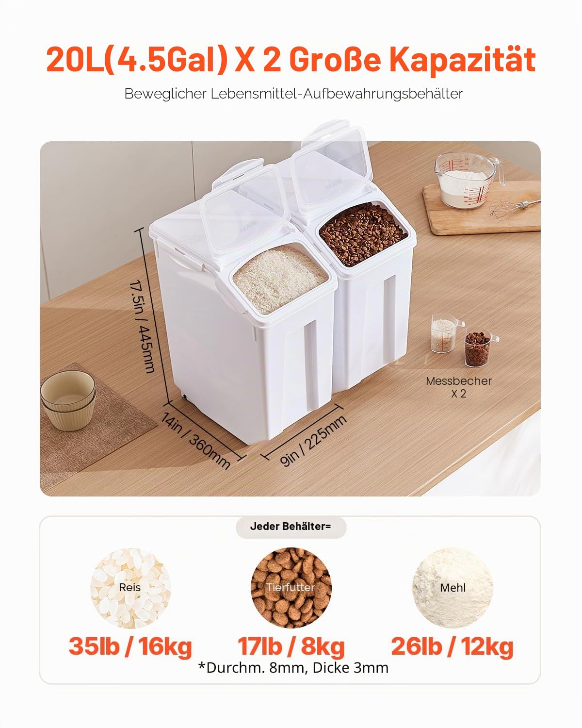 VEVOR Reis-Aufbewahrungsbehälter Vorratsdosen 2 Stk. Hundefutterspender, 2 x 20 L Behälter für Küchenzutaten Getreide Müsli Mehl, Tierfutterbehälter mit Rädern Messbecher luftdichter Deckel