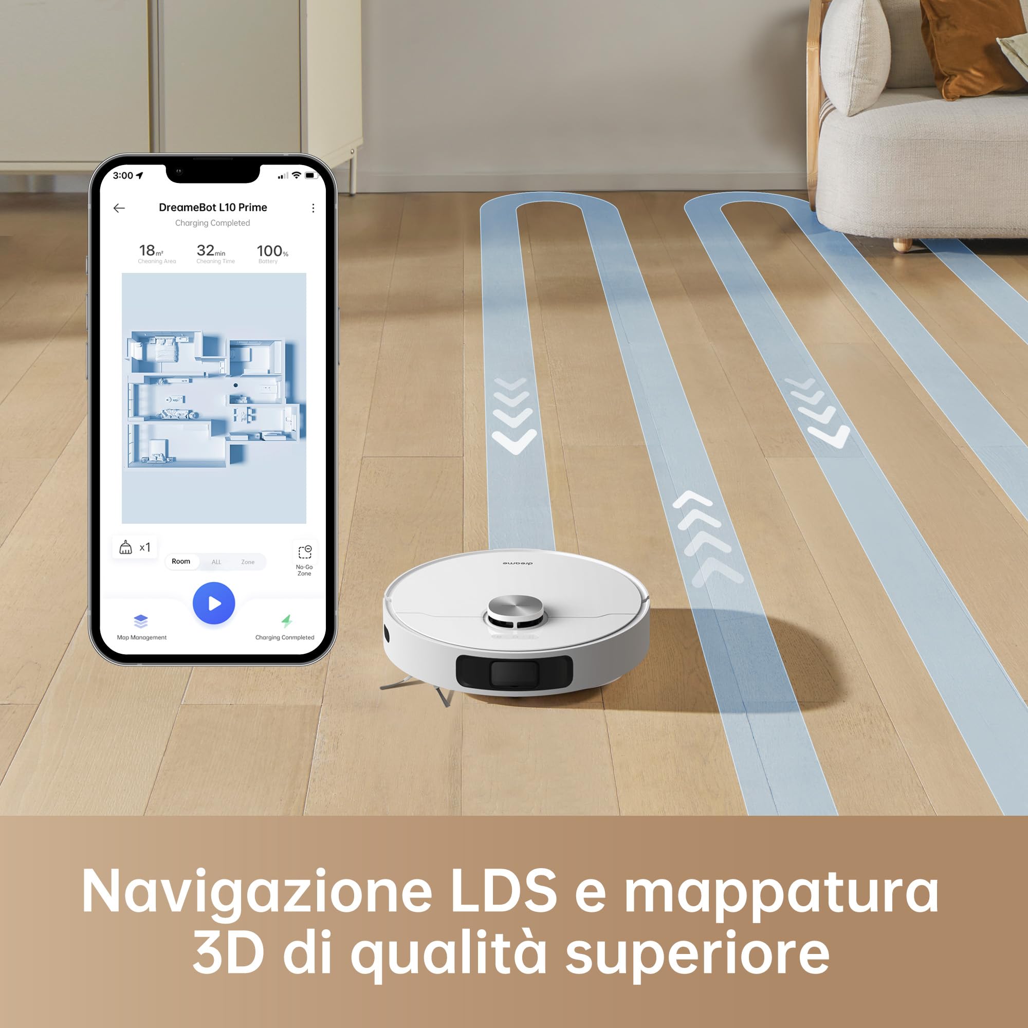 DREAME L10 Prime Robot Aspirapolvere con Sollevamento del Mocio da 7 mm, Mocio Autopulente, Navigazione LDS, Aspirazione 4000Pa, Mappatura 3D, WiFi/APP/Alexa