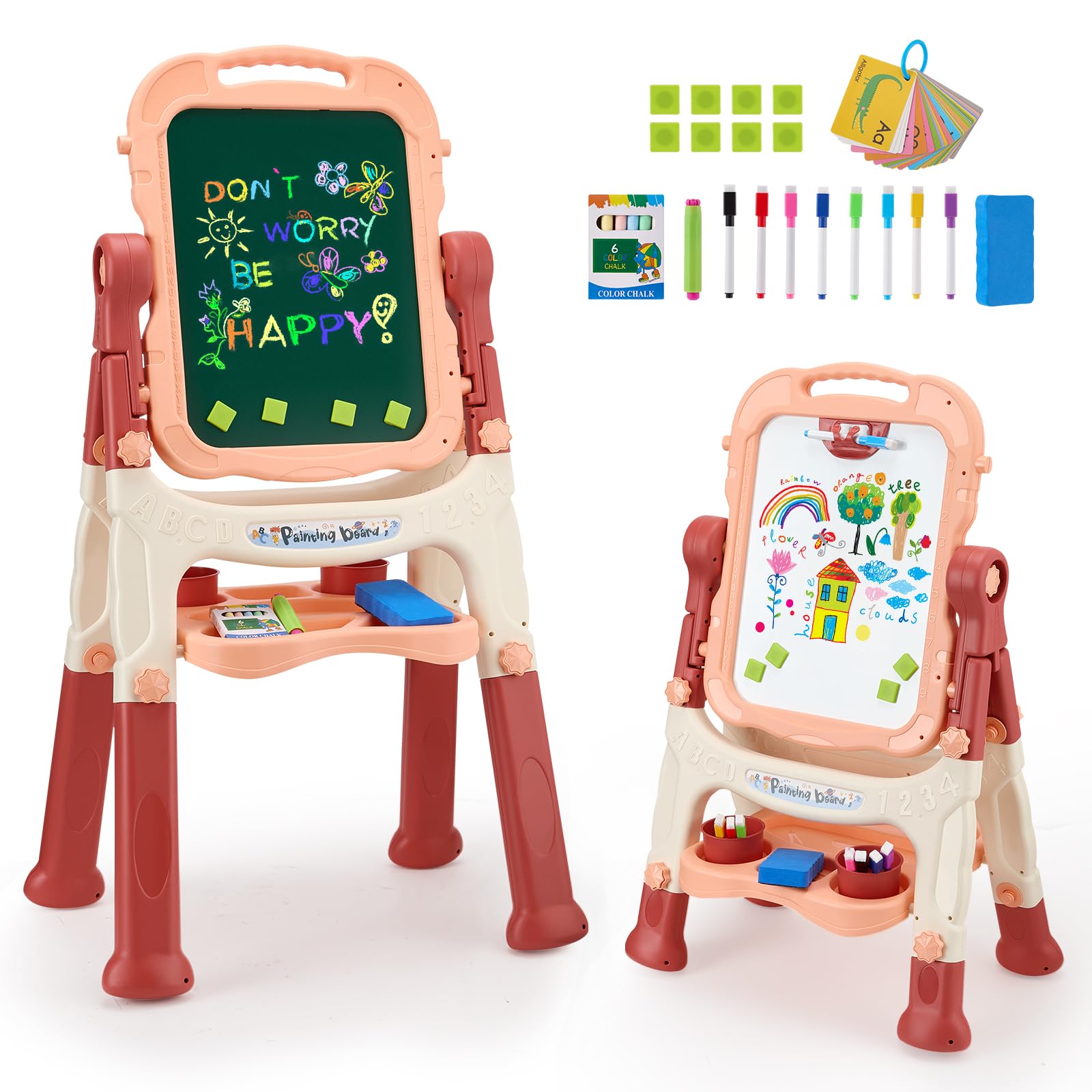 Kids Easel with Magnetic Whiteboard Chalkboard, 4 in 1 Kids Folding Double Sided Magnetic Easel, Art Easel for Kids Drawing Board Birthday Gifts for Girls Boys Toys Age 2-7 Years Old Birthday Presents