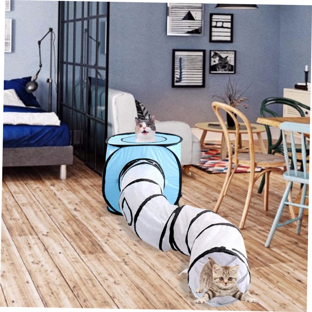 Kreatives S-typ Katzentunnel Spielzeug in Blau, Faltbar | Polyester, Interaktives Röhrendesign, für Spielzeit mit Katzen, Dekoratives Streifenmuster