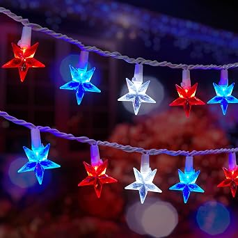 4th of July Decor Red White Blue Stars String Lights, 17ft 50 LED Waterproof Connectable Patriotic LED Star Fairy Lights for Independence Day President Day Memorial Day