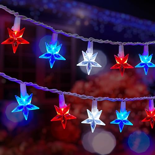 4th of July Decor Red White Blue Stars String Lights, 17ft 50 LED Waterproof Connectable Patriotic LED Star Fairy Lights for Independence Day President Day Memorial Day