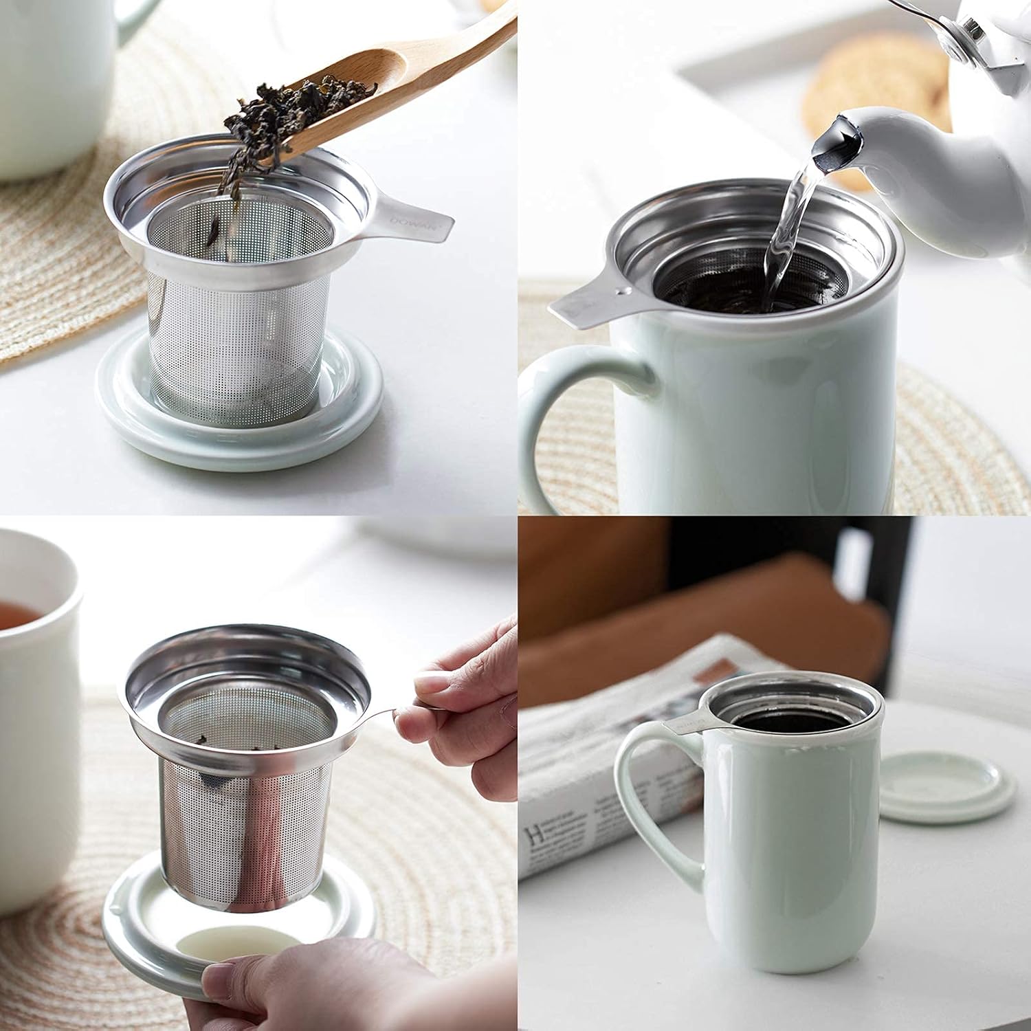 DOWAN Tea Mug with Infuser and Lid, 20 OZ Large Porcelain Tea Cup, Easy to Hold, Perfect for Loose Leaf Tea, Tea Bag, Coffee, Best Gift (White Blue)