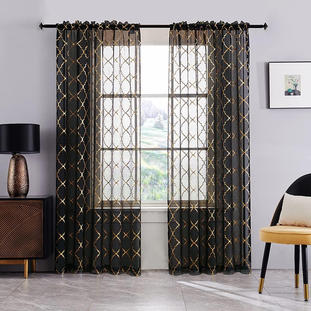 YJ YANJUN Black and Gold Curtains for Living Room with Gold Foil Moroccan Tile Print Black Sheer Curtains 96 inches Long Set of 2,52 x 96 Inch